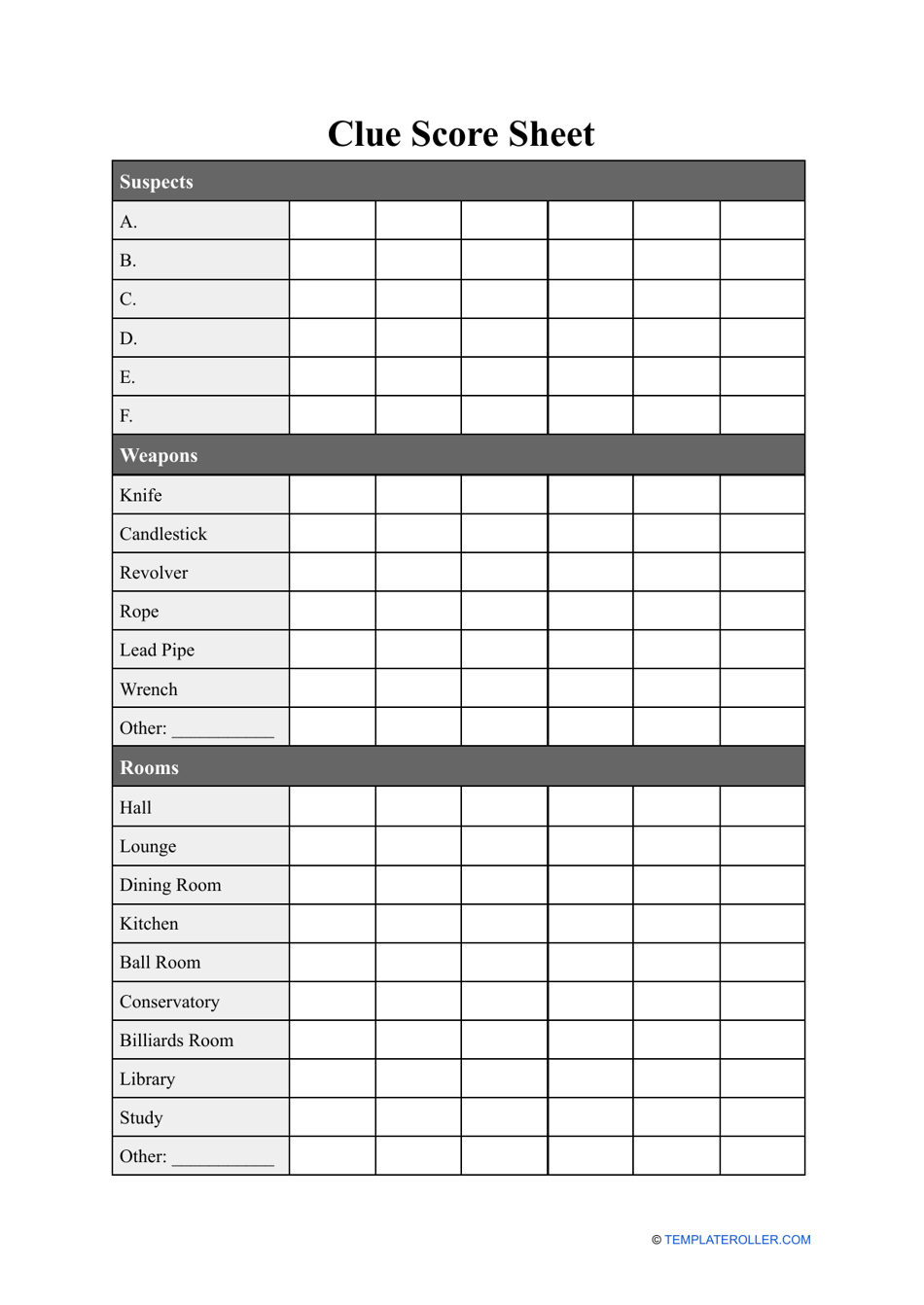 Clue Score Sheet Template Download Printable PDF Templateroller