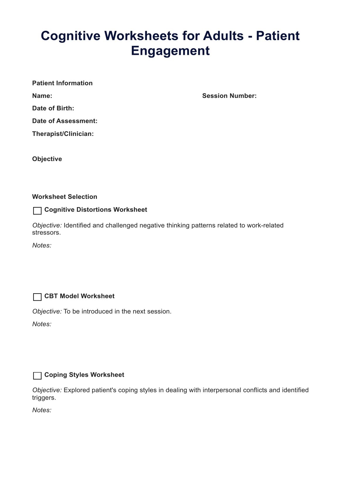 Cognitive Worksheets For Adults Example Free PDF Download