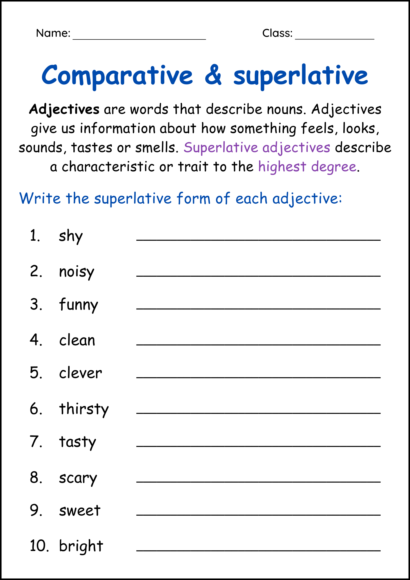 Comparative And Superlative Adjectives Grammar Worksheets For Grade 1 2 3 Made By Teachers