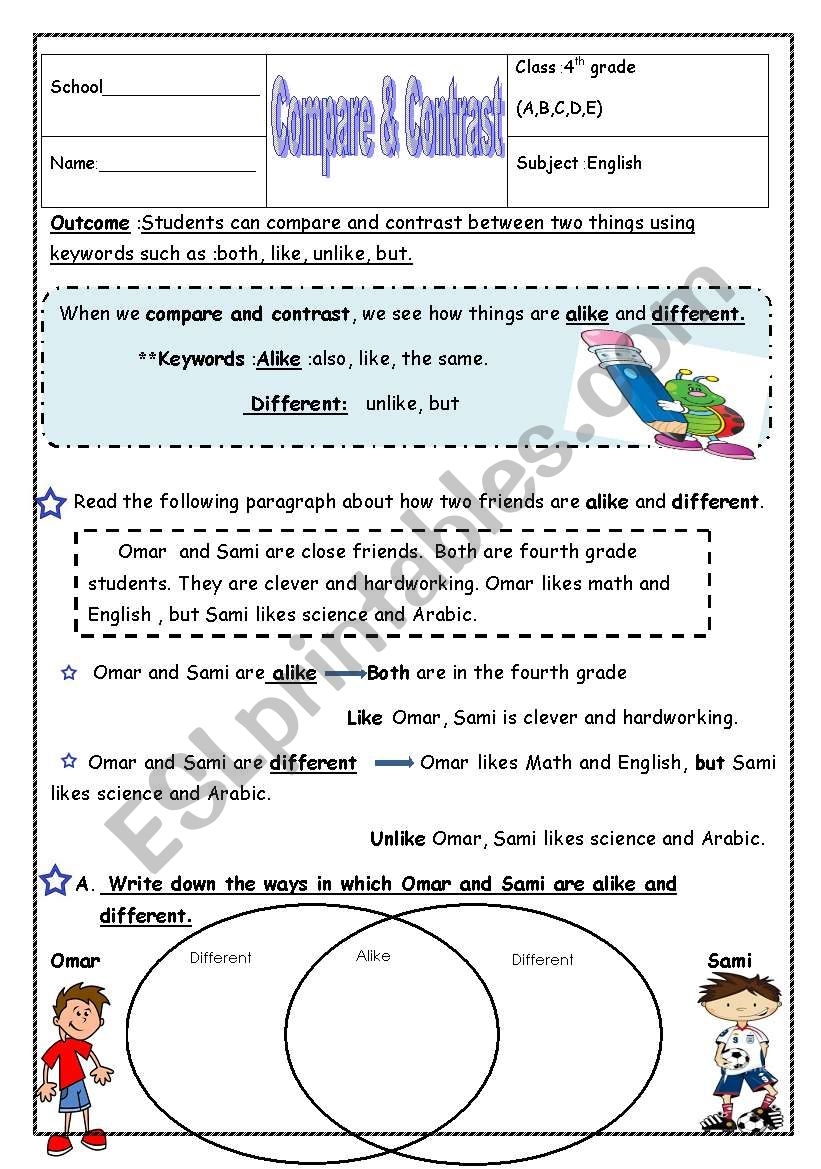 Compare And Contrast Printable Worksheets Compare And Contrast Printable Worksheets