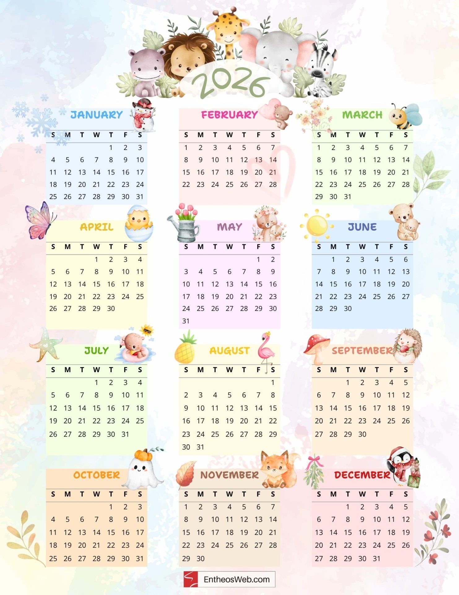 Cute 2026 Free Printable Calendar EntheosWeb