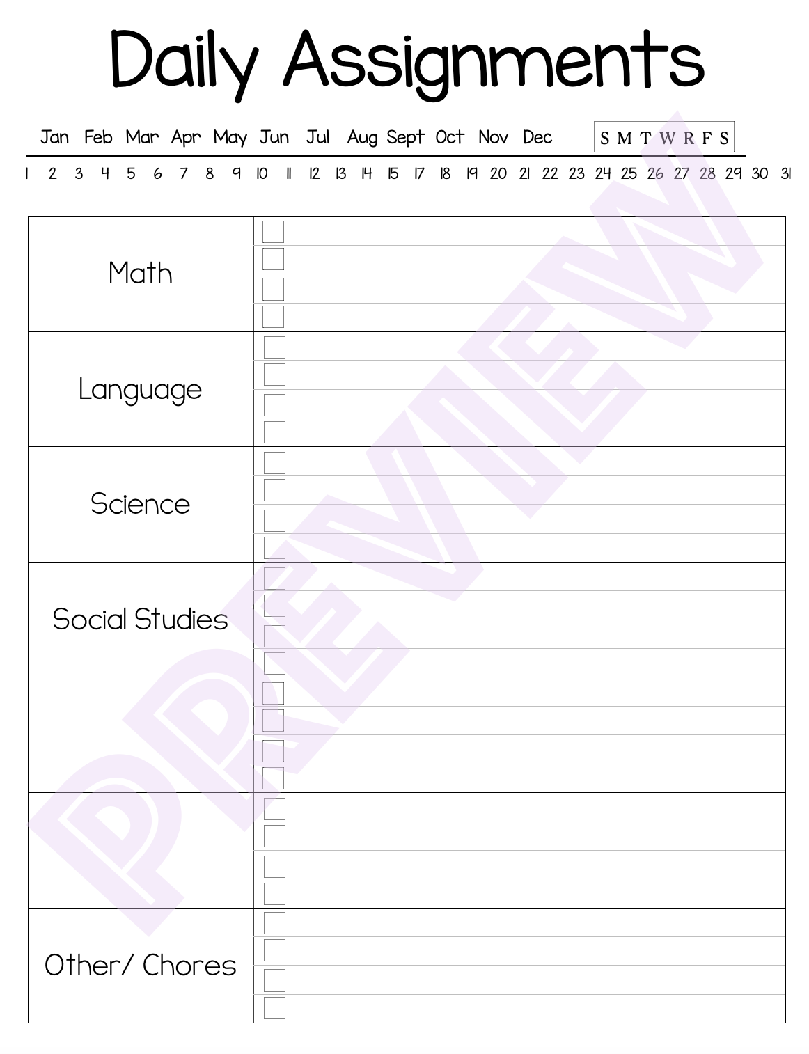 Assignment Sheet Printable