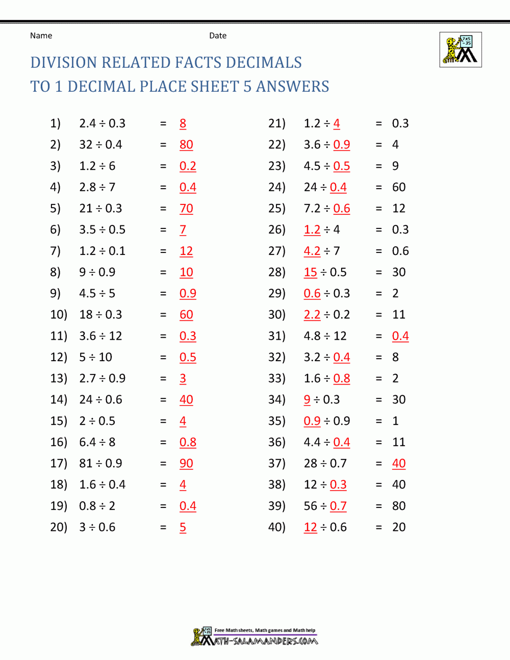 Decimal Division Worksheets