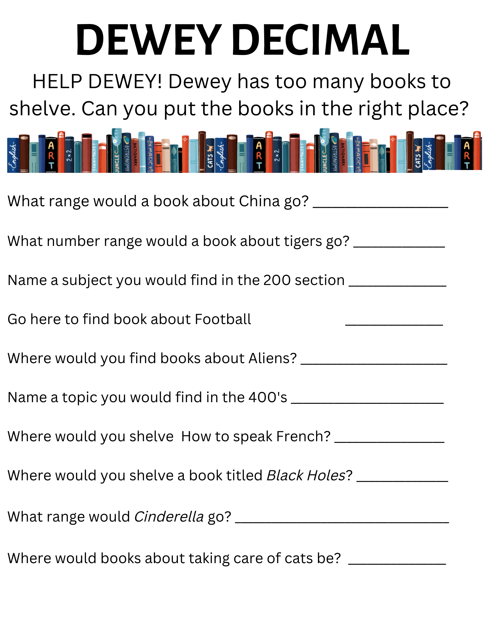 Printable Dewey Decimal Chart