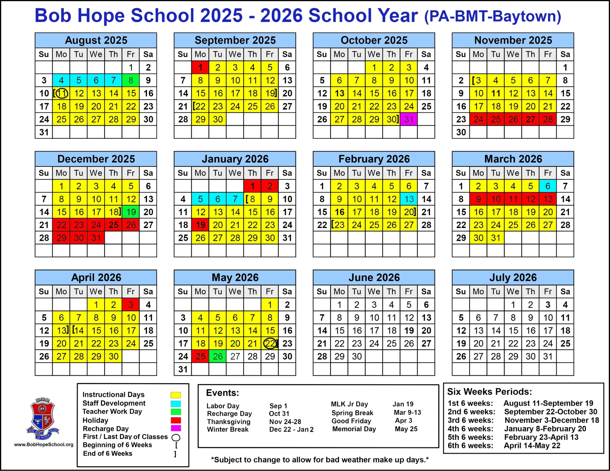 District Calendar District Calendars Bob Hope School