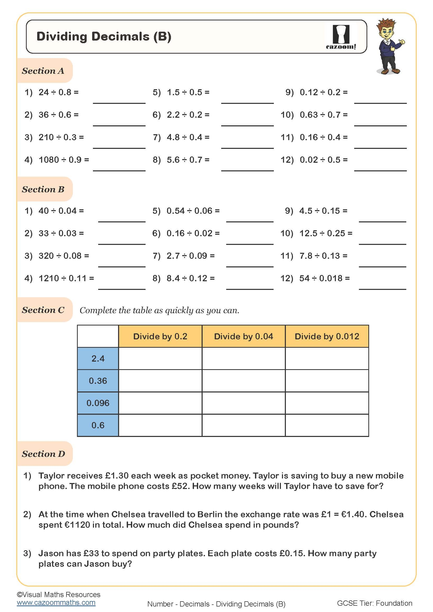 Decimal Division Worksheets Printable