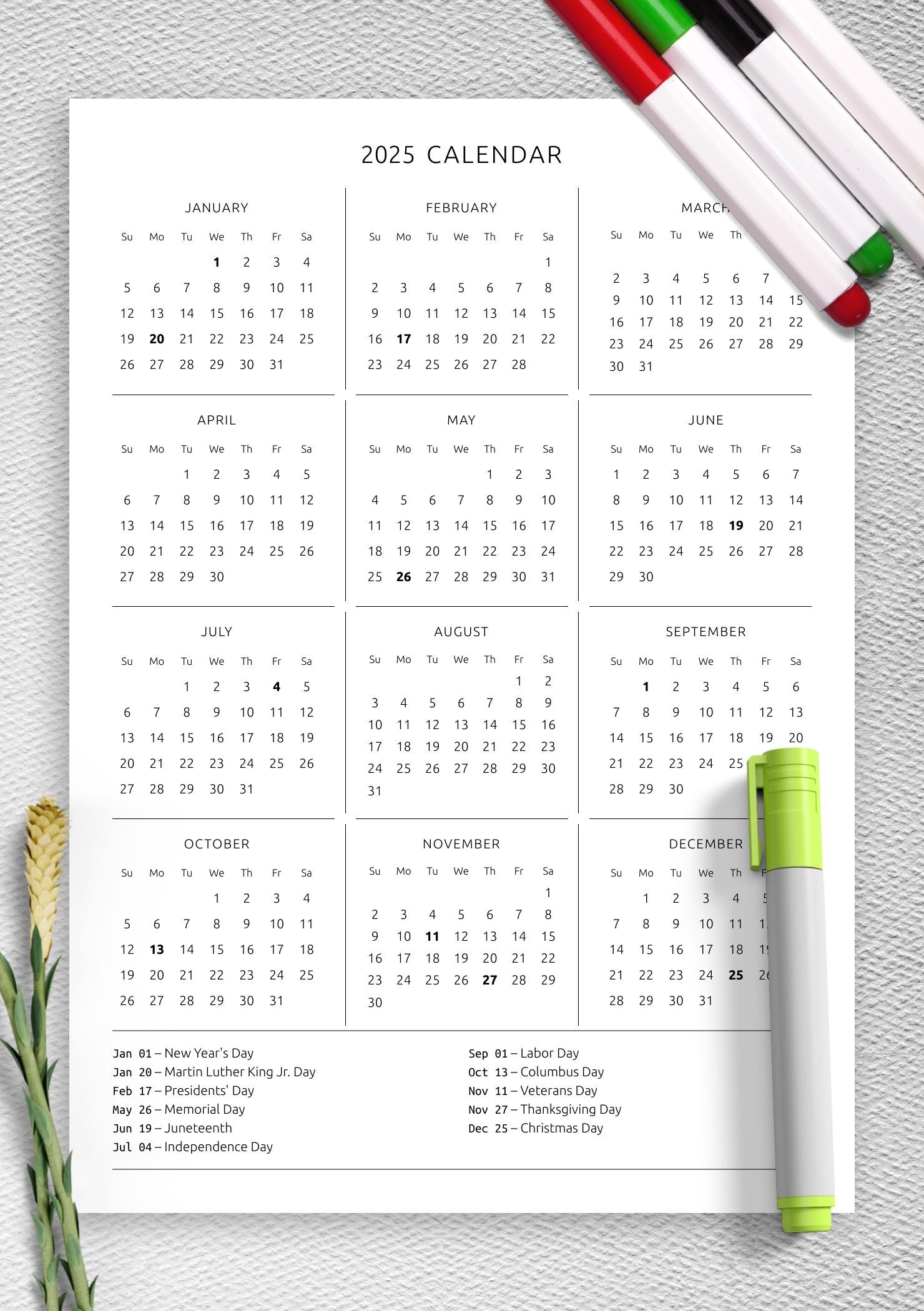 Download Printable Annual Calendar Template With Holidays PDF