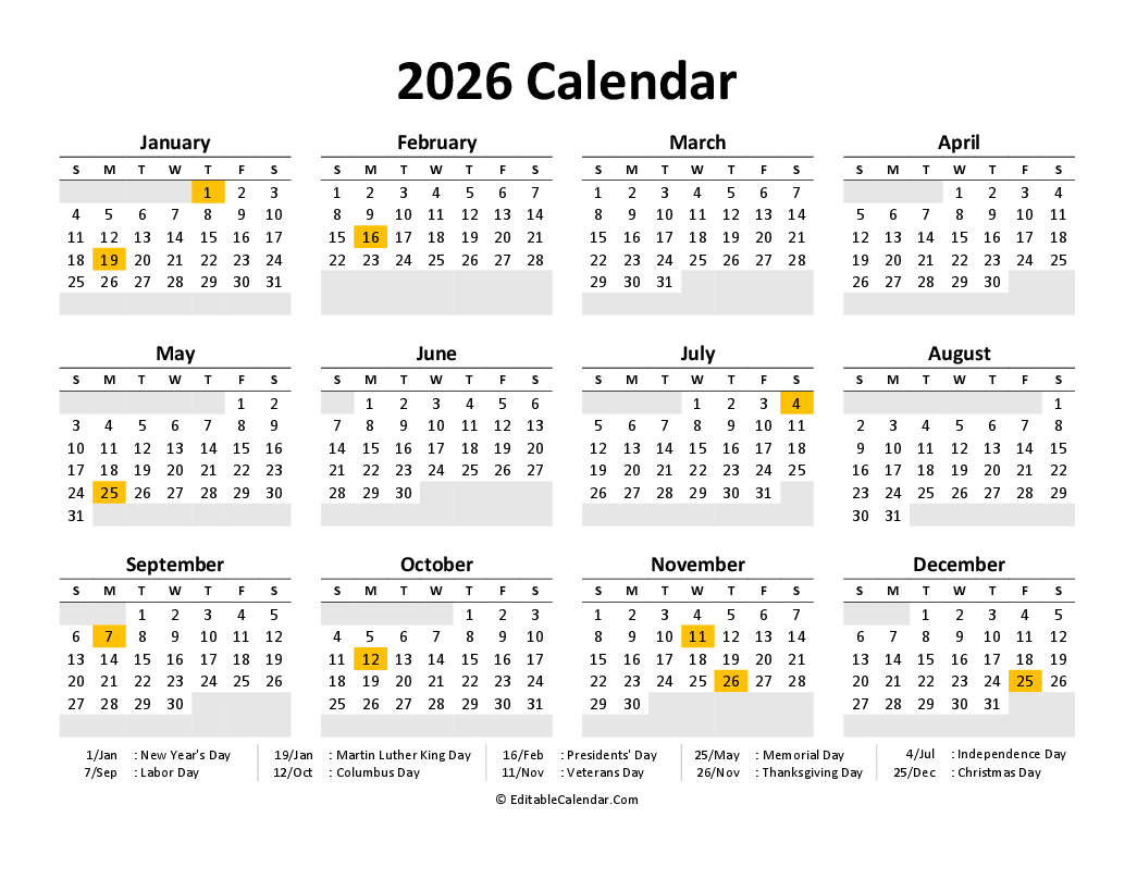 Download Printable Calendar 2026 Free Word Version 