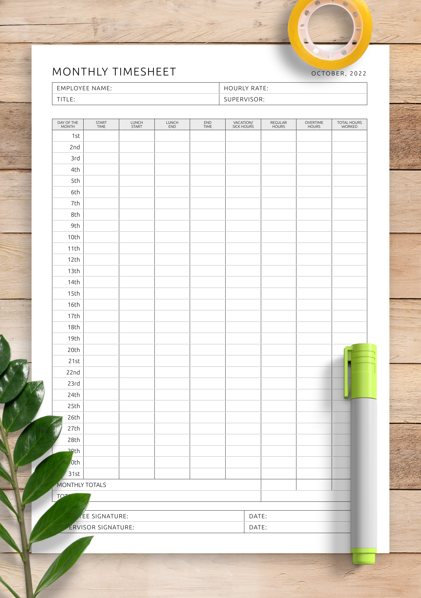 Download Printable Monthly Timesheet Template PDF