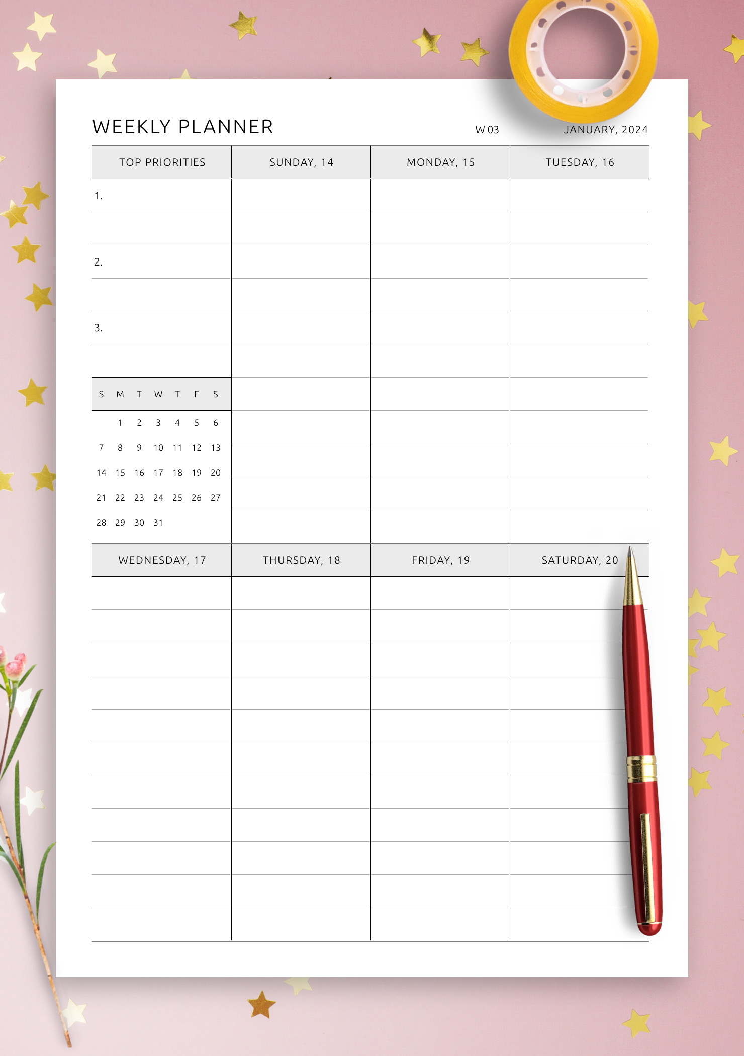 Download Printable Or Digital One Page Weekly Schedule All Days Equal Size PDF