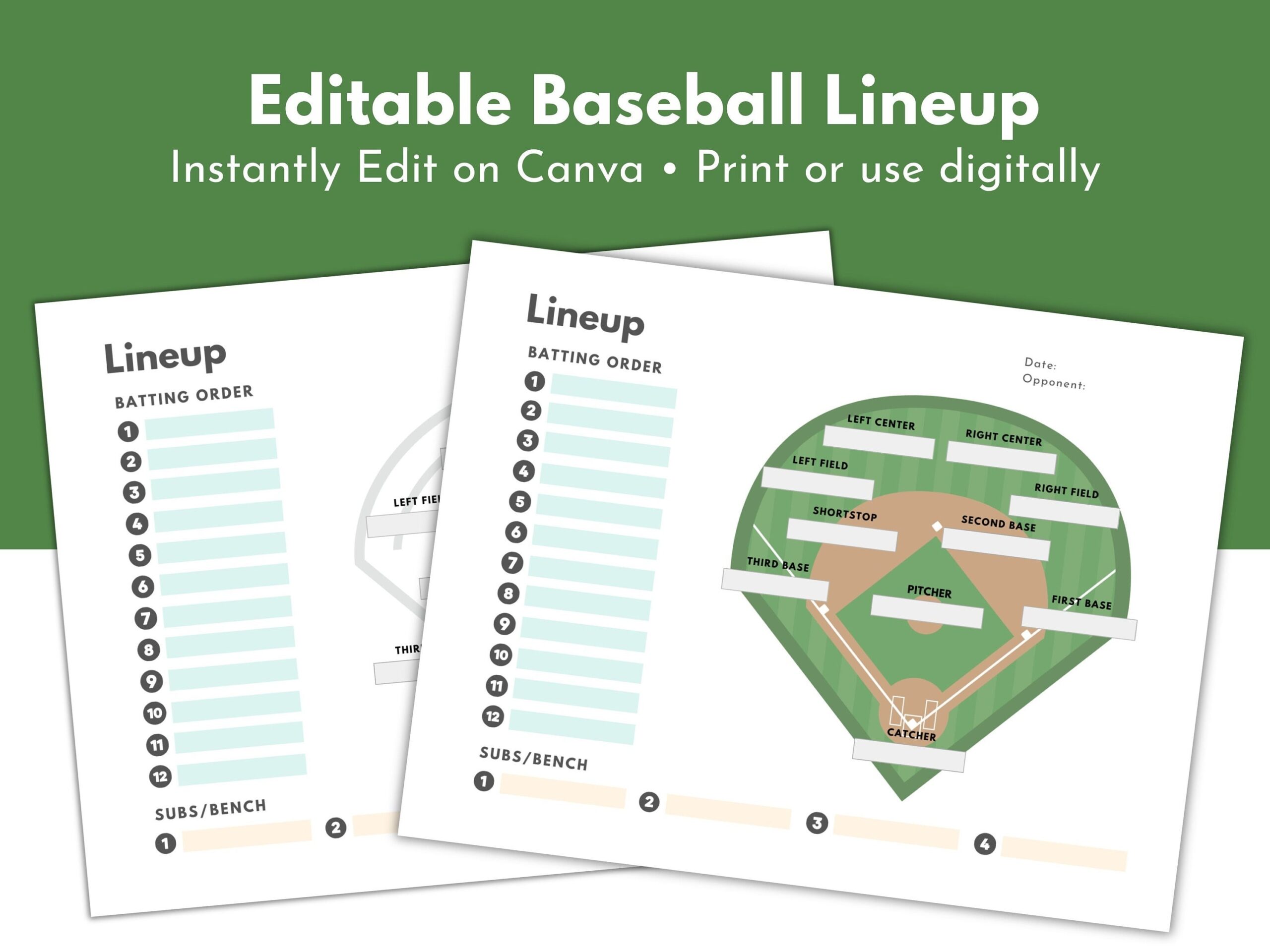 EDITABLE Baseball Softball Lineup And Field Position Card Sheet 