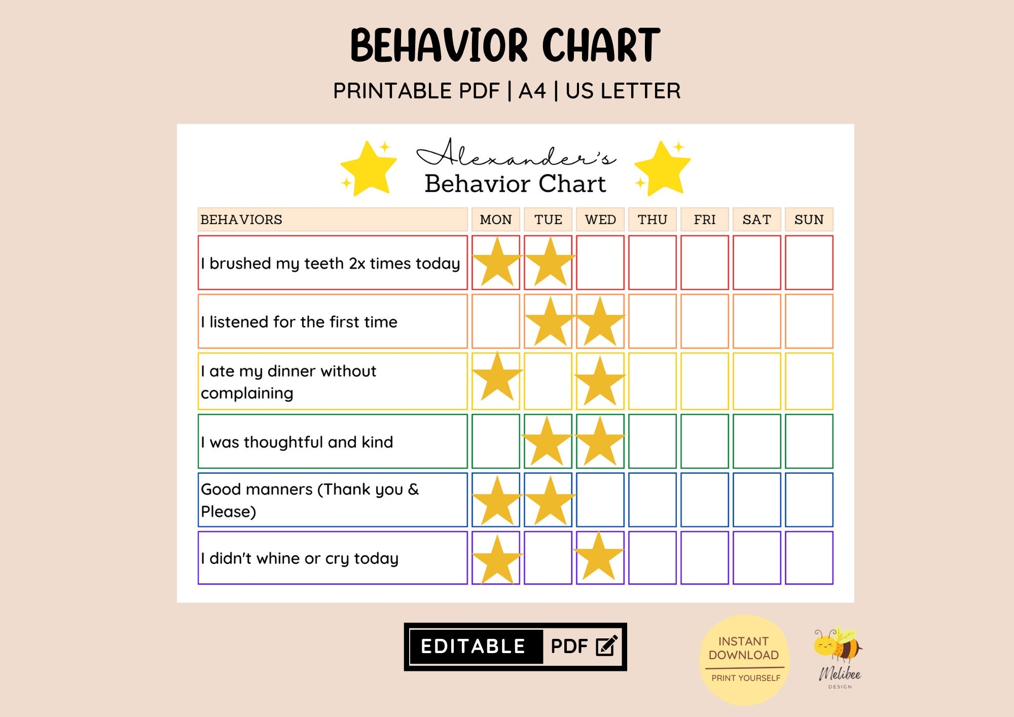 EDITABLE Kid s Behavior Chart Printable Chart Sticker Chart EDITABLE Kid s Behavior Chart Printable Chart Sticker Chart