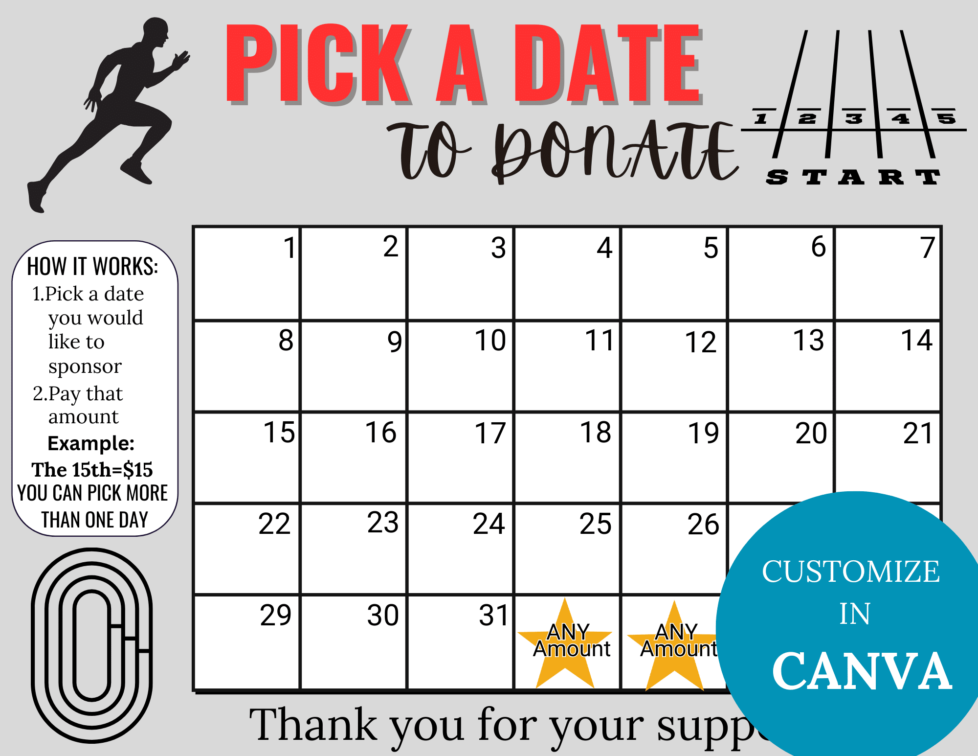 Editable Track U0026 Field Cross Country Pick A Date To Donate Calendar INSTANT DOWNLOAD 