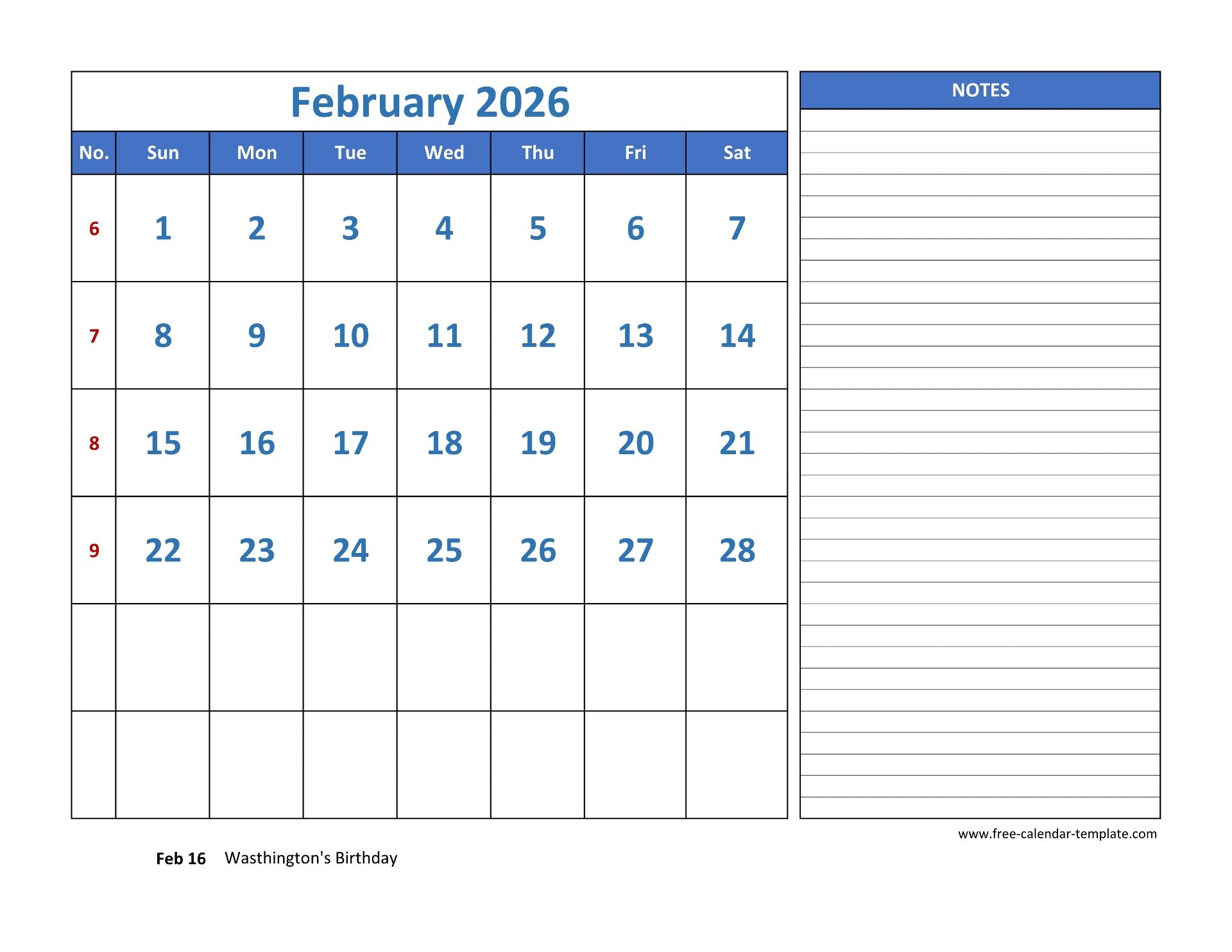 February Calendar 2026 Grid Lines For Holidays And Notes horizontal Free calendar template