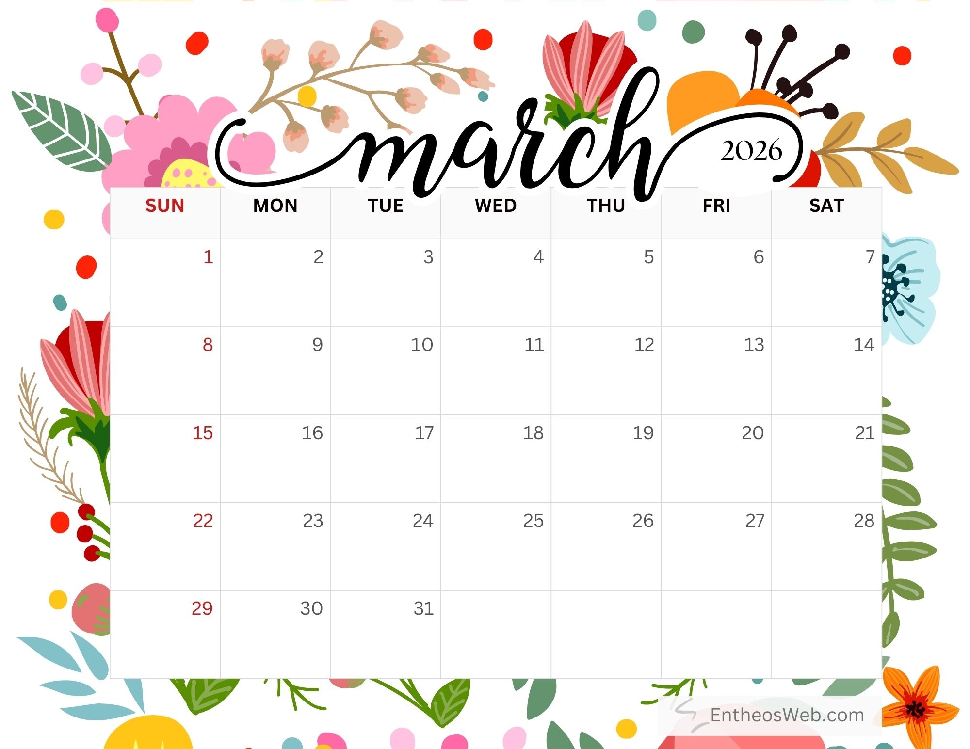 Floral 2026 Calendar Free Monthly Printables EntheosWeb