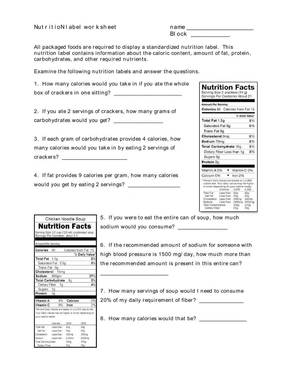 Food Labels Worksheet Live Worksheets Worksheets Library