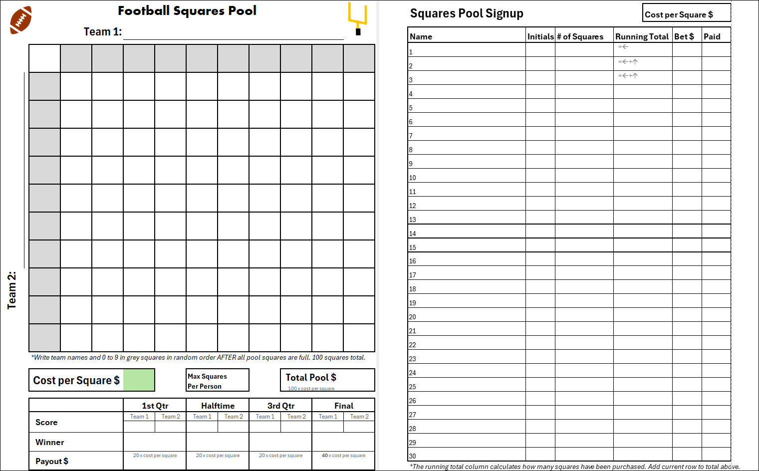 Printable Football Square Sheets