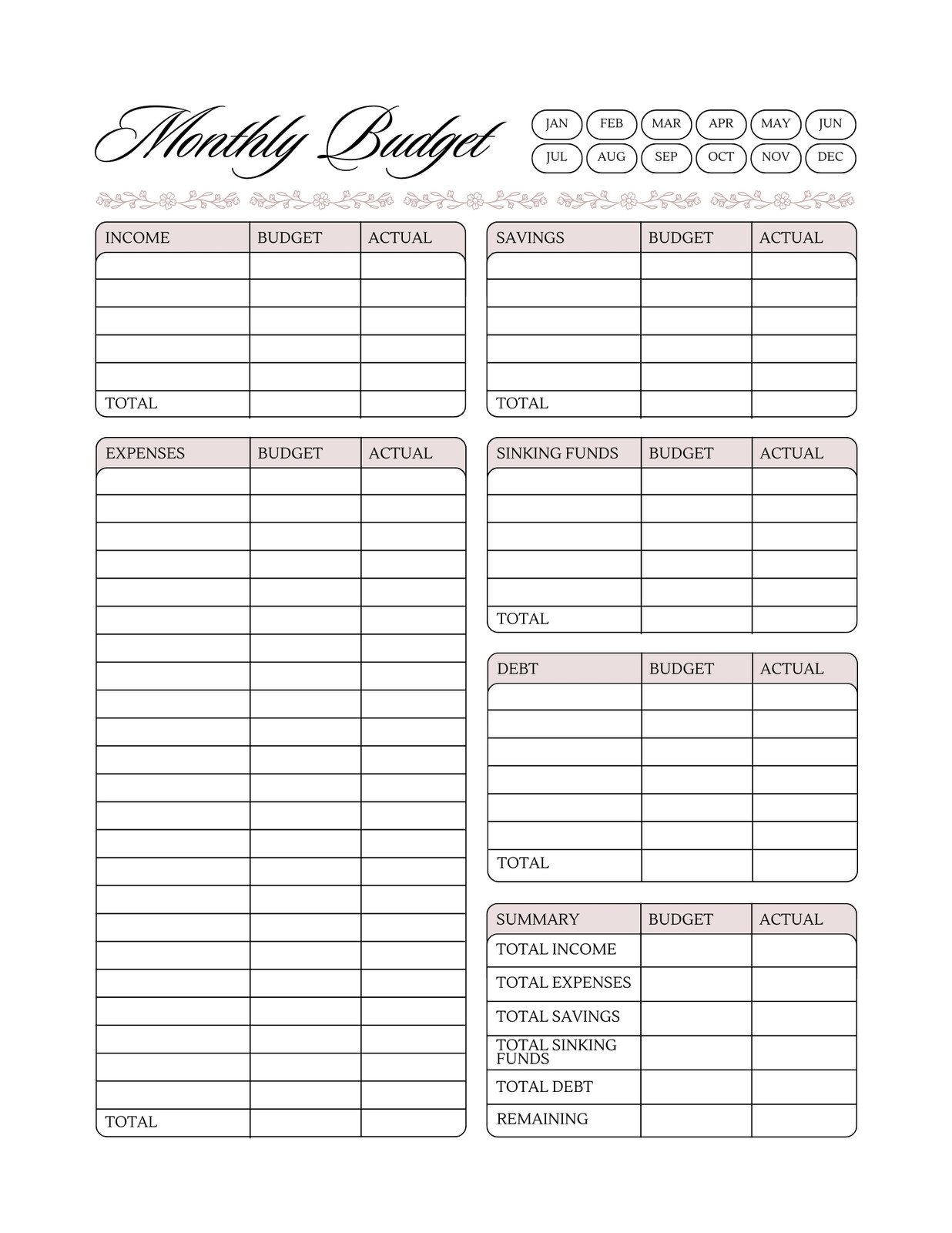 Monthly Budget Sheets Printable Monthly Budget Sheets Printable