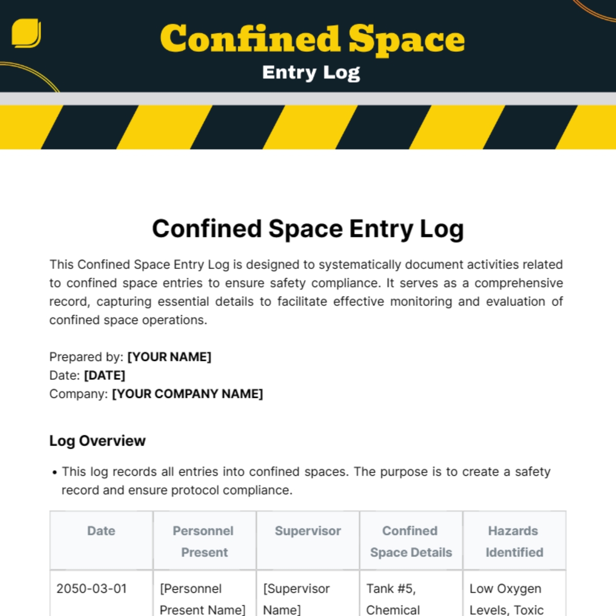 Printable Confined Space Entry Log Sheet Printable Confined Space Entry Log Sheet