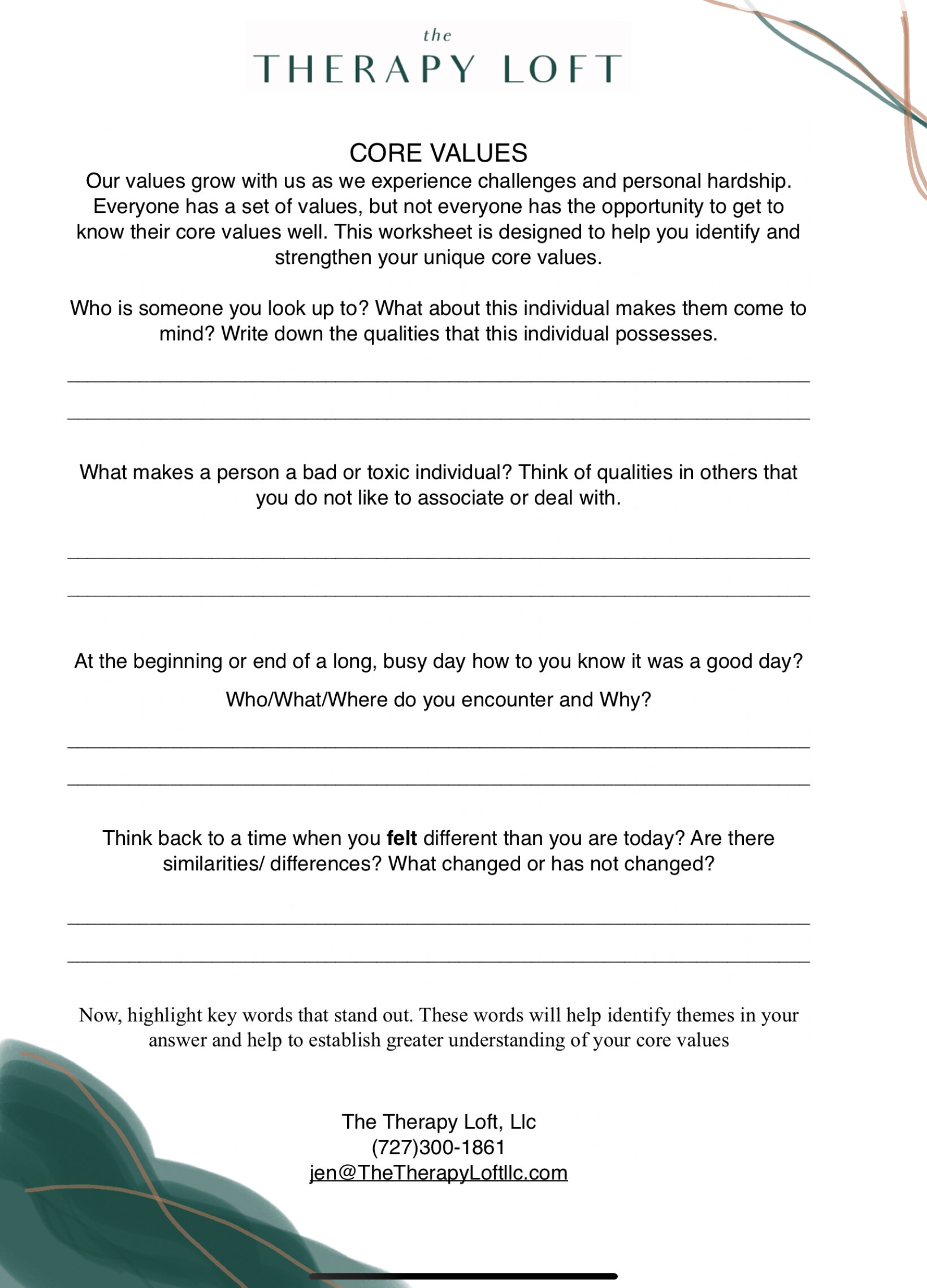 Free Core Values Worksheet The Therapy Loft LLC