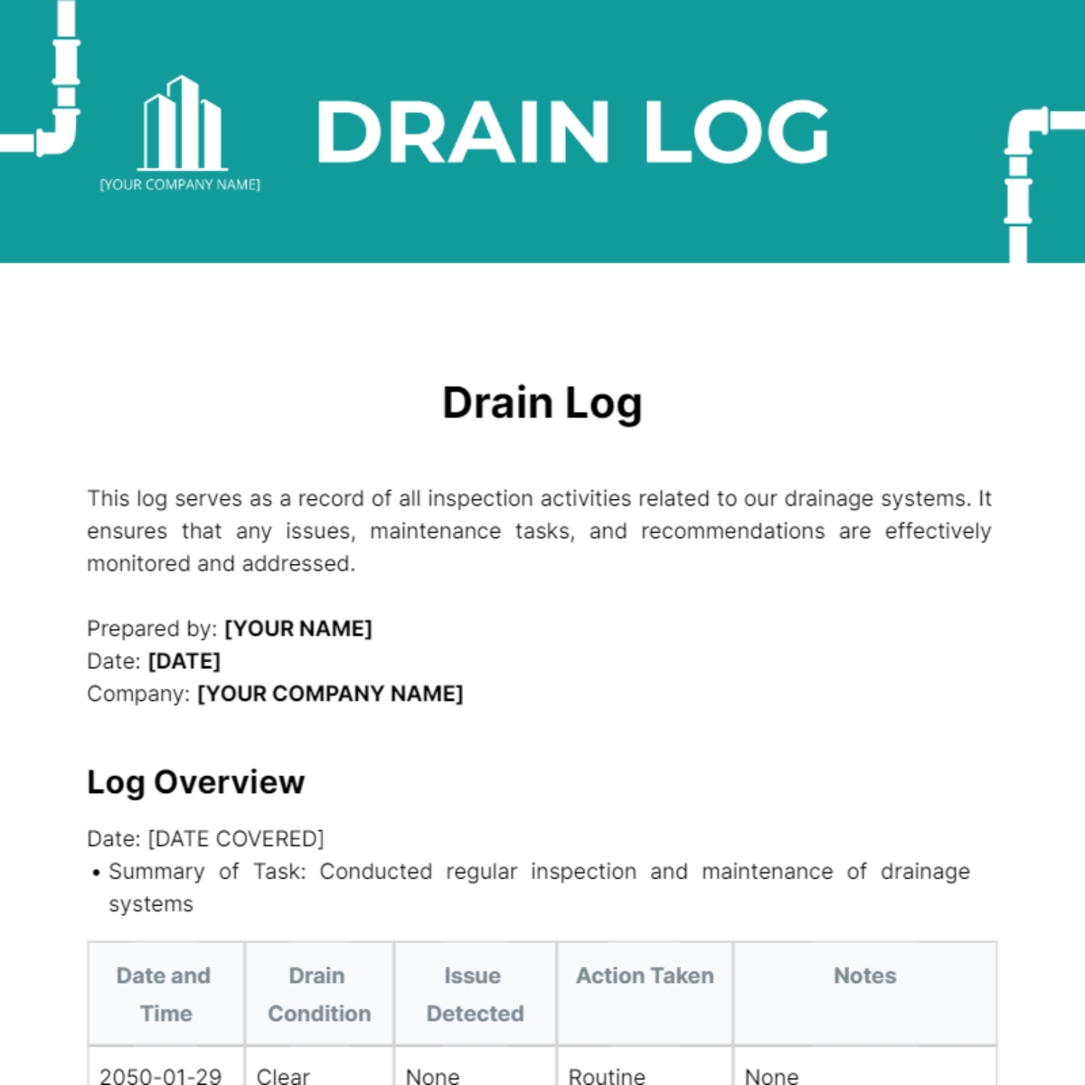 Free Drain Log Template To Edit Online