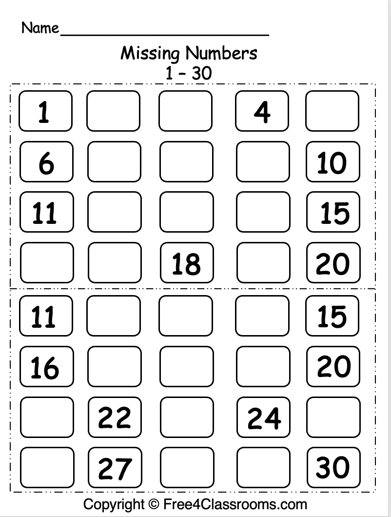 Free Missing Numbers 1 30 Worksheet Free Worksheets Free4Classrooms