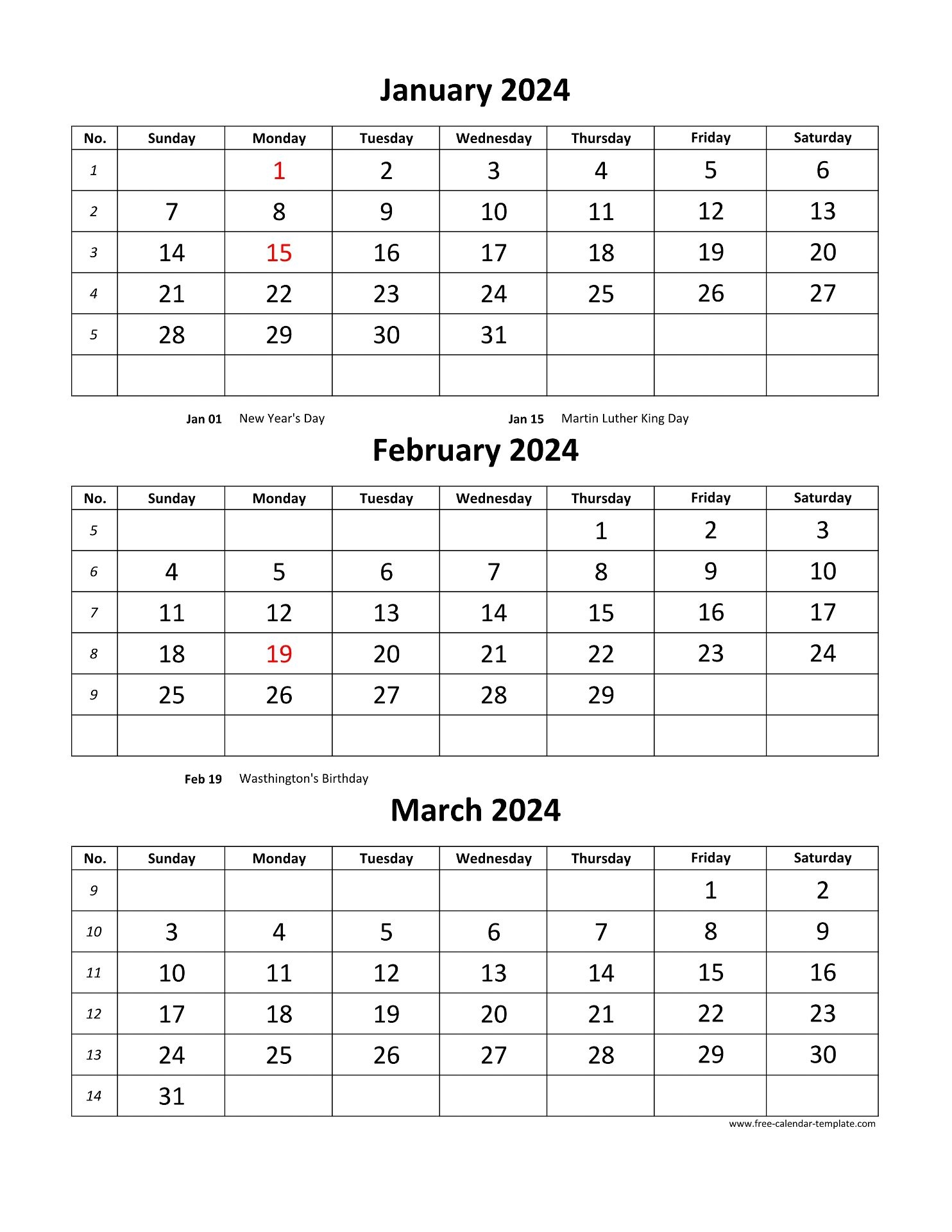 Free Monthly Calendar 2024 3 Months Per Page vertical Free 
