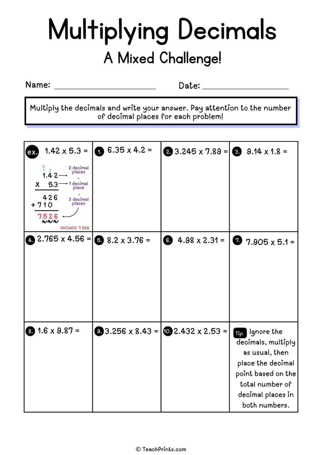 Free Multiplying Decimals Worksheets Teach Prints