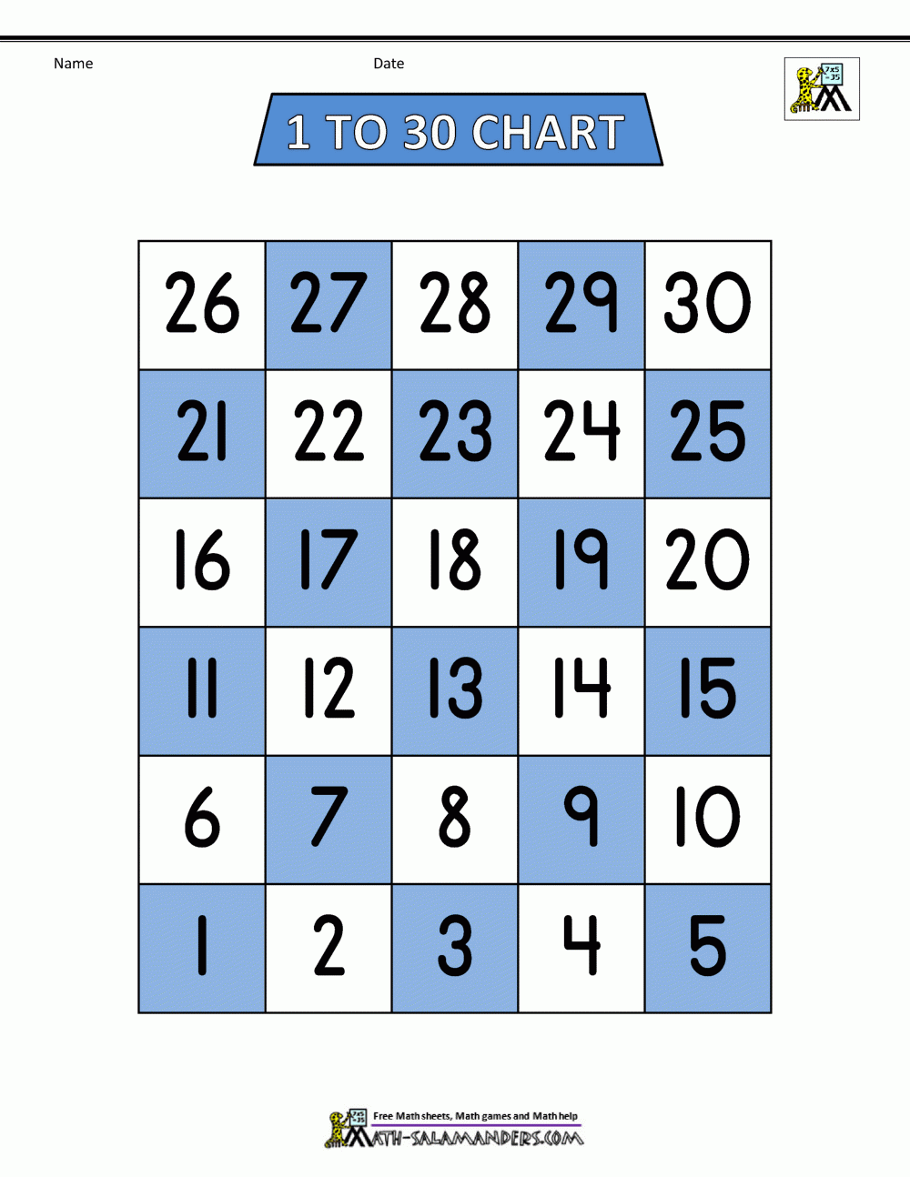 Printable Number Chart 1 30 Printable Number Chart 1 30