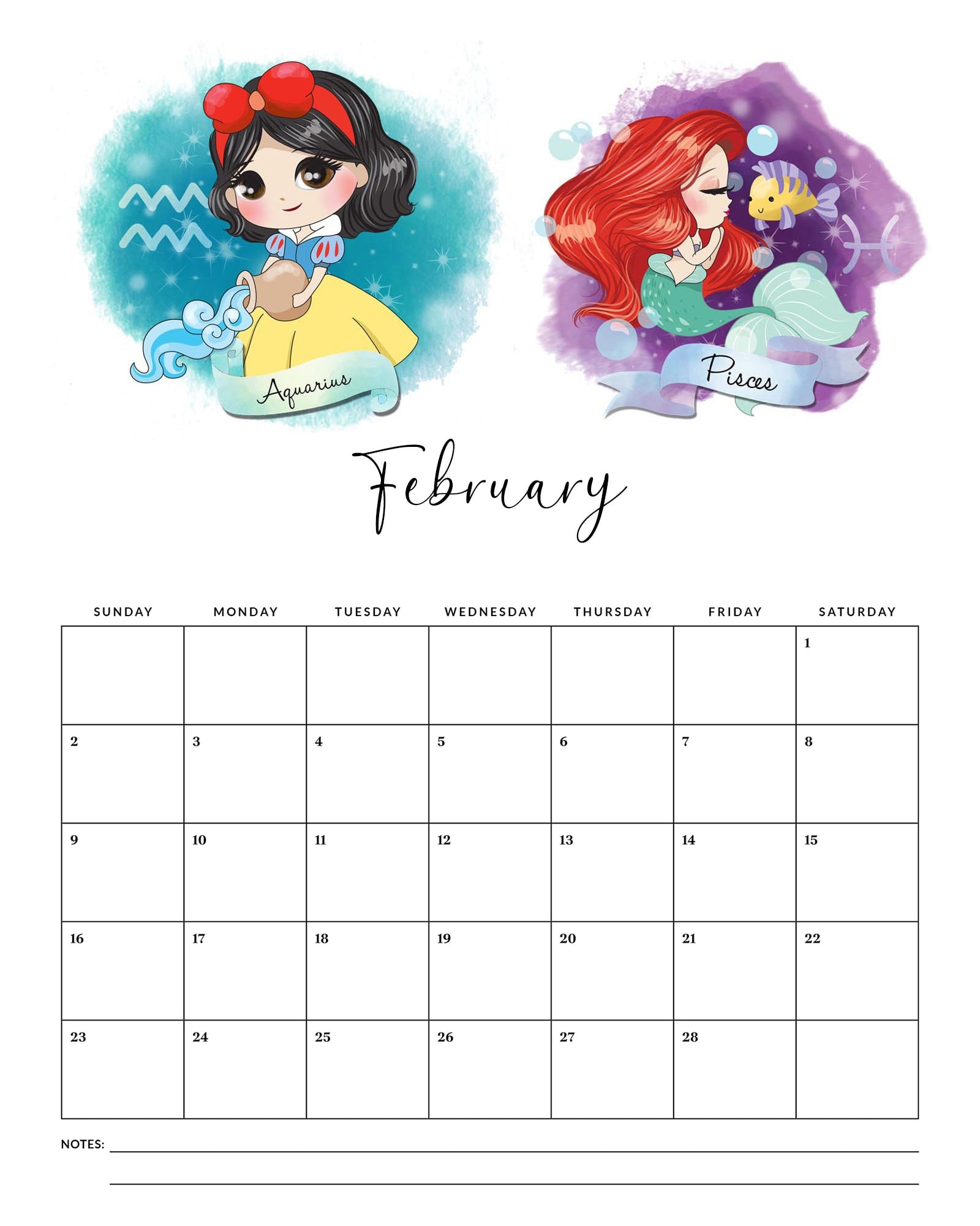 Free Printable 2025 Princess Zodiac Calendar The Cottage Market