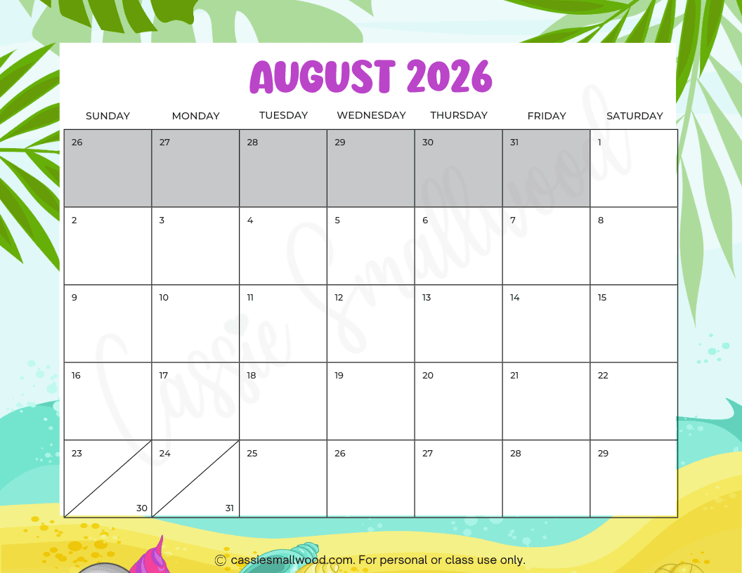 FREE PRINTABLE 2026 AUGUST CALENDAR Cassie Smallwood FREE PRINTABLE 2026 AUGUST CALENDAR Cassie Smallwood