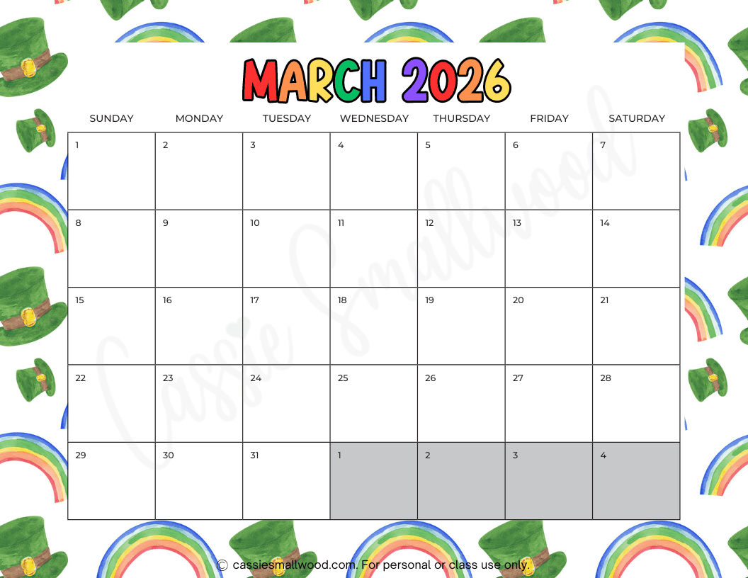 FREE PRINTABLE 2026 MARCH CALENDAR Cassie Smallwood FREE PRINTABLE 2026 MARCH CALENDAR Cassie Smallwood