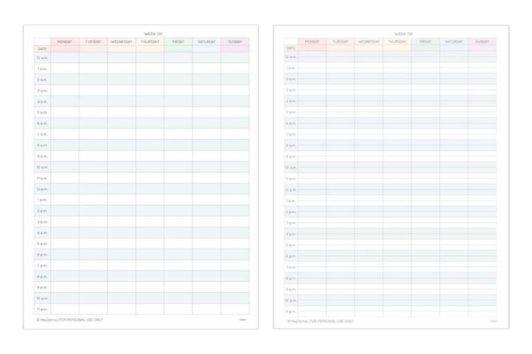 Free Printable 24 Hour Weekly Calendar Template To Print