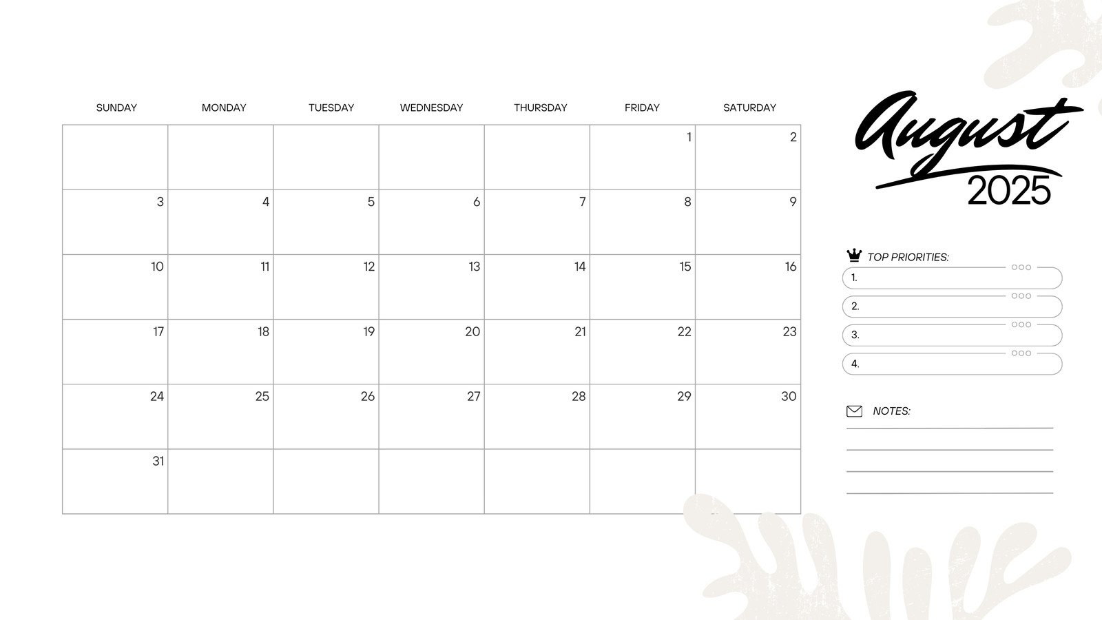 Free Printable August 2025 Calendar Templates Canva