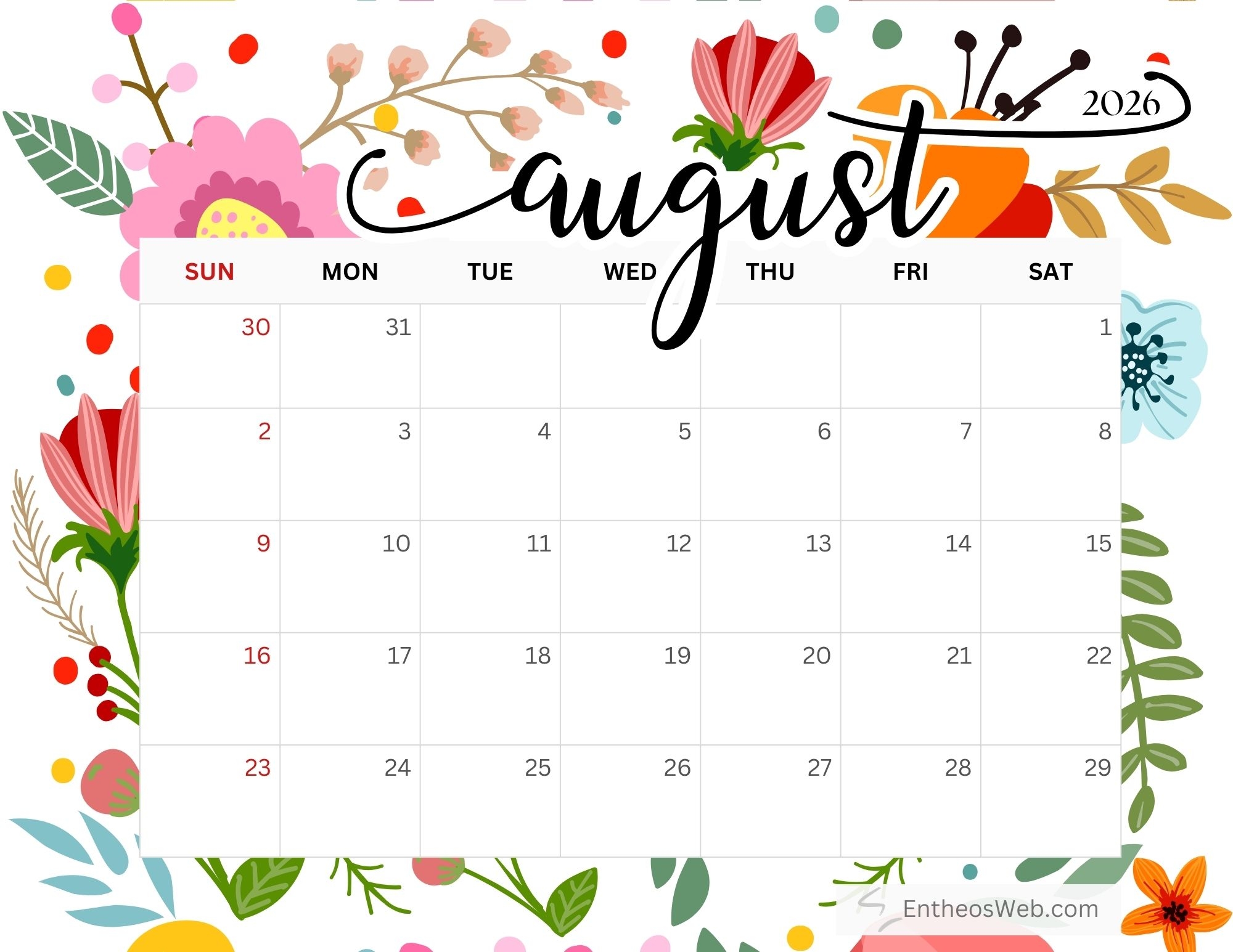 Free Printable August 2026 Calendars EntheosWeb