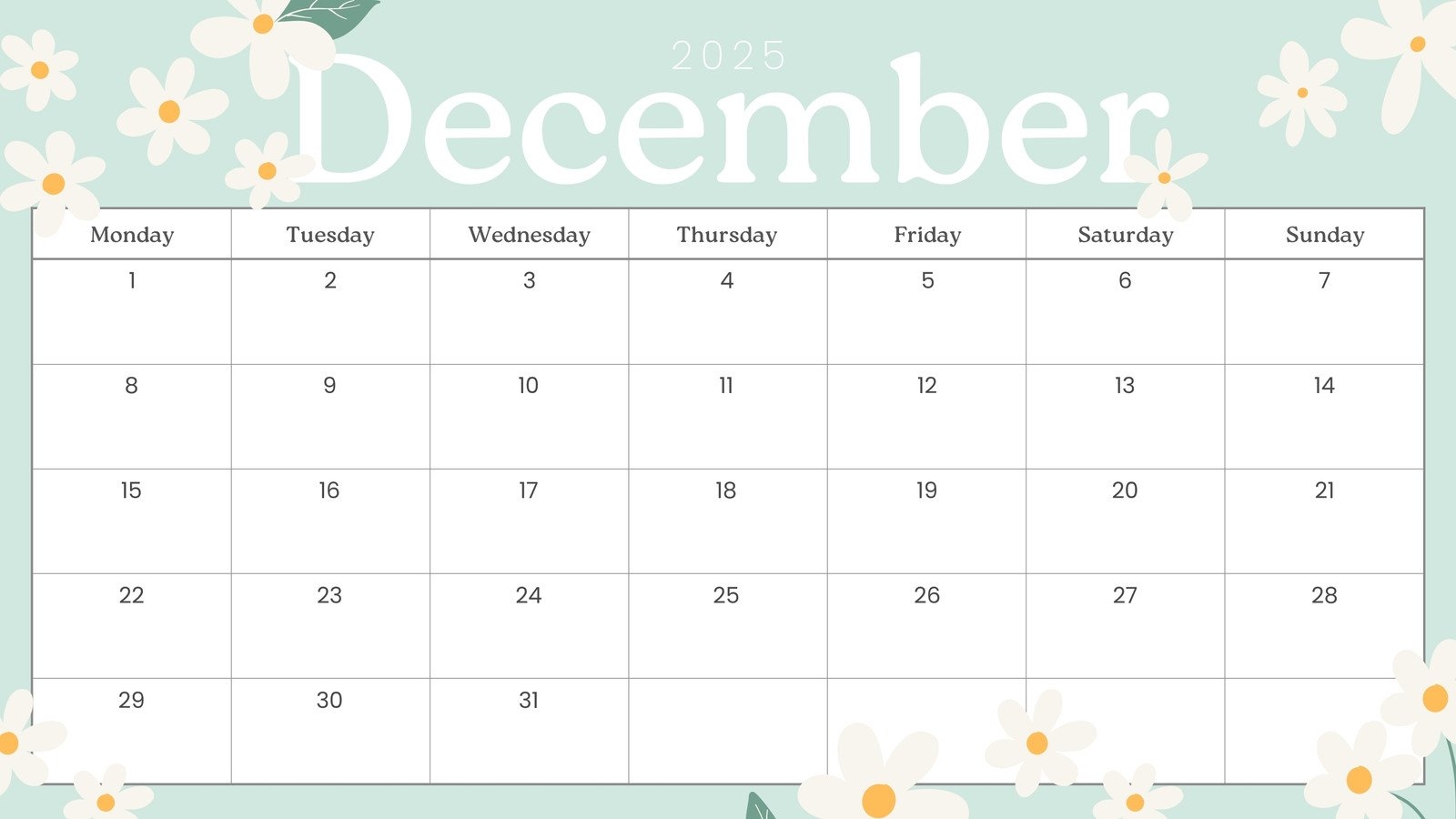 December Month Calendar Printable