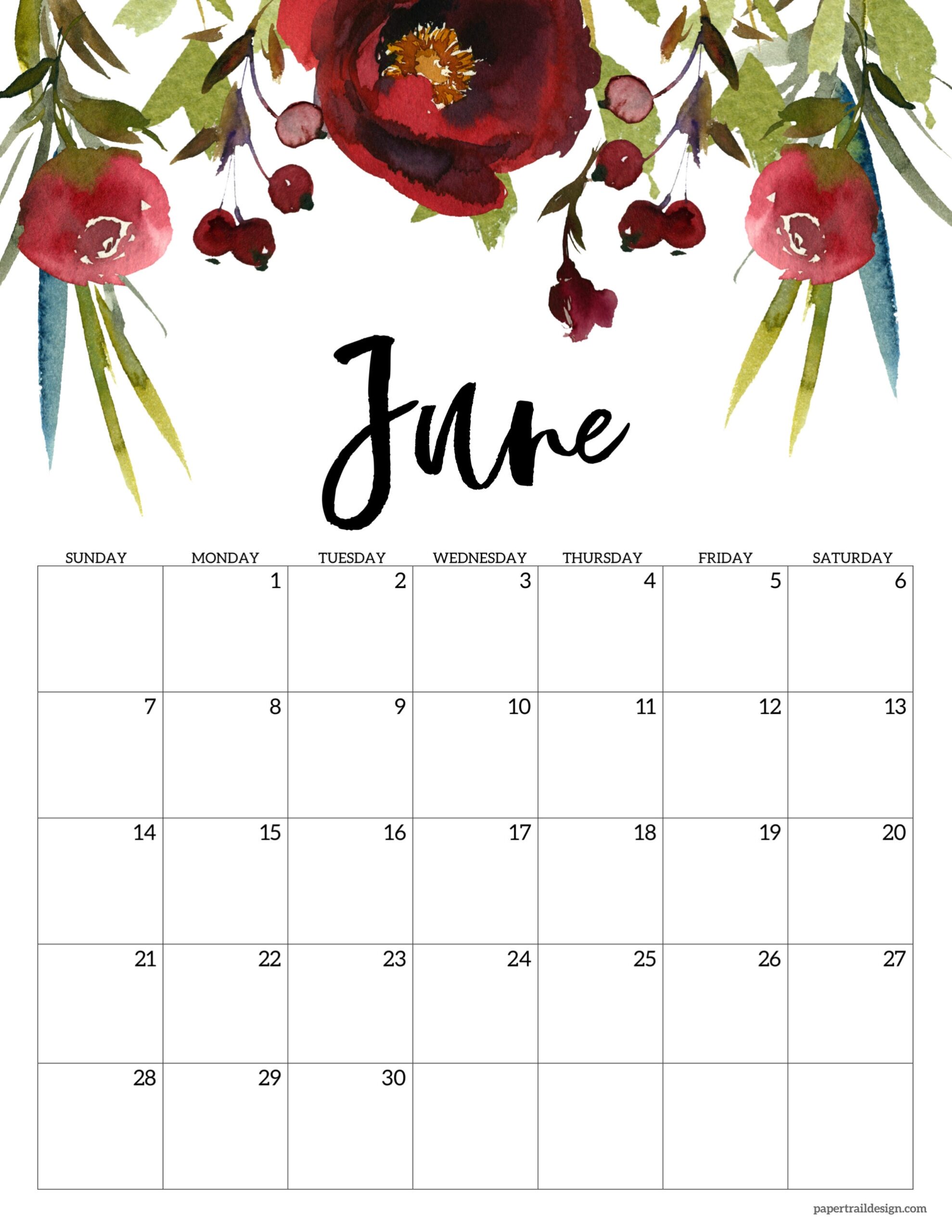 Free Printable Floral Calendar 2026 Paper Trail Design