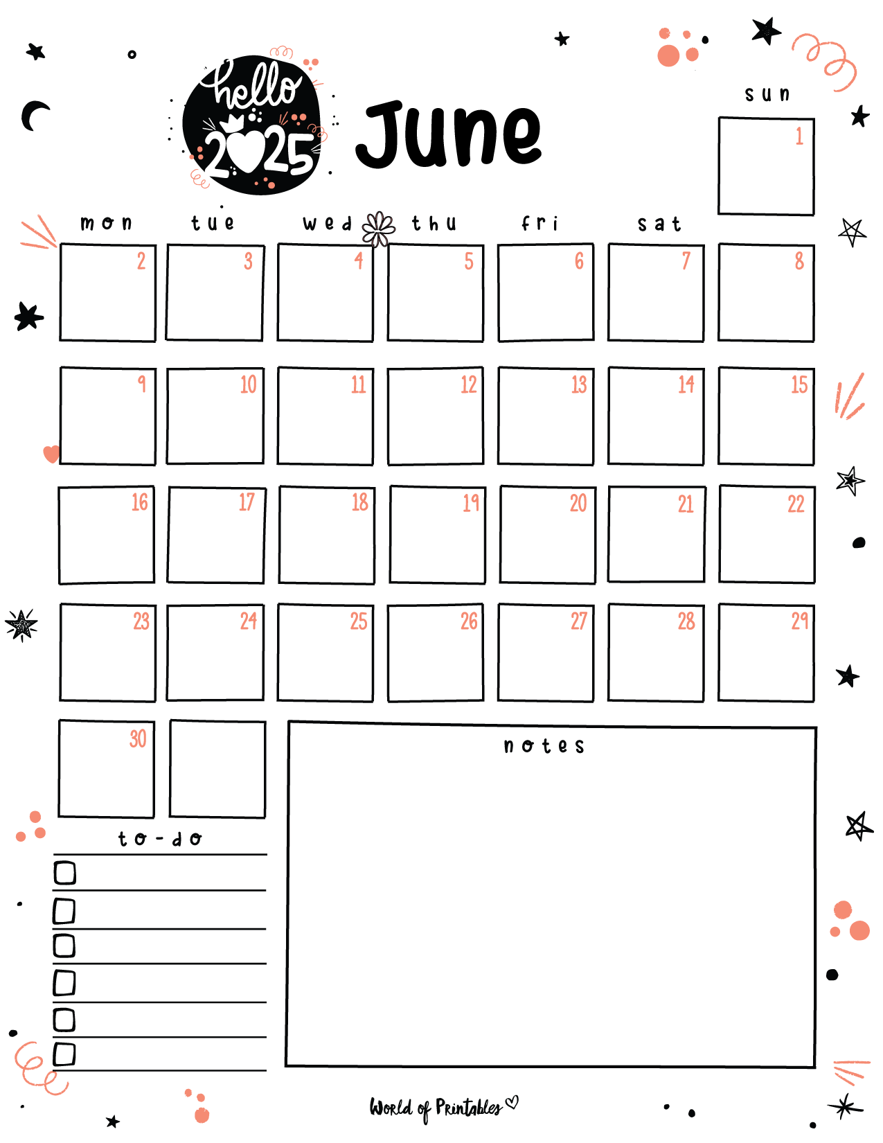 June Monthly Calendar Printable