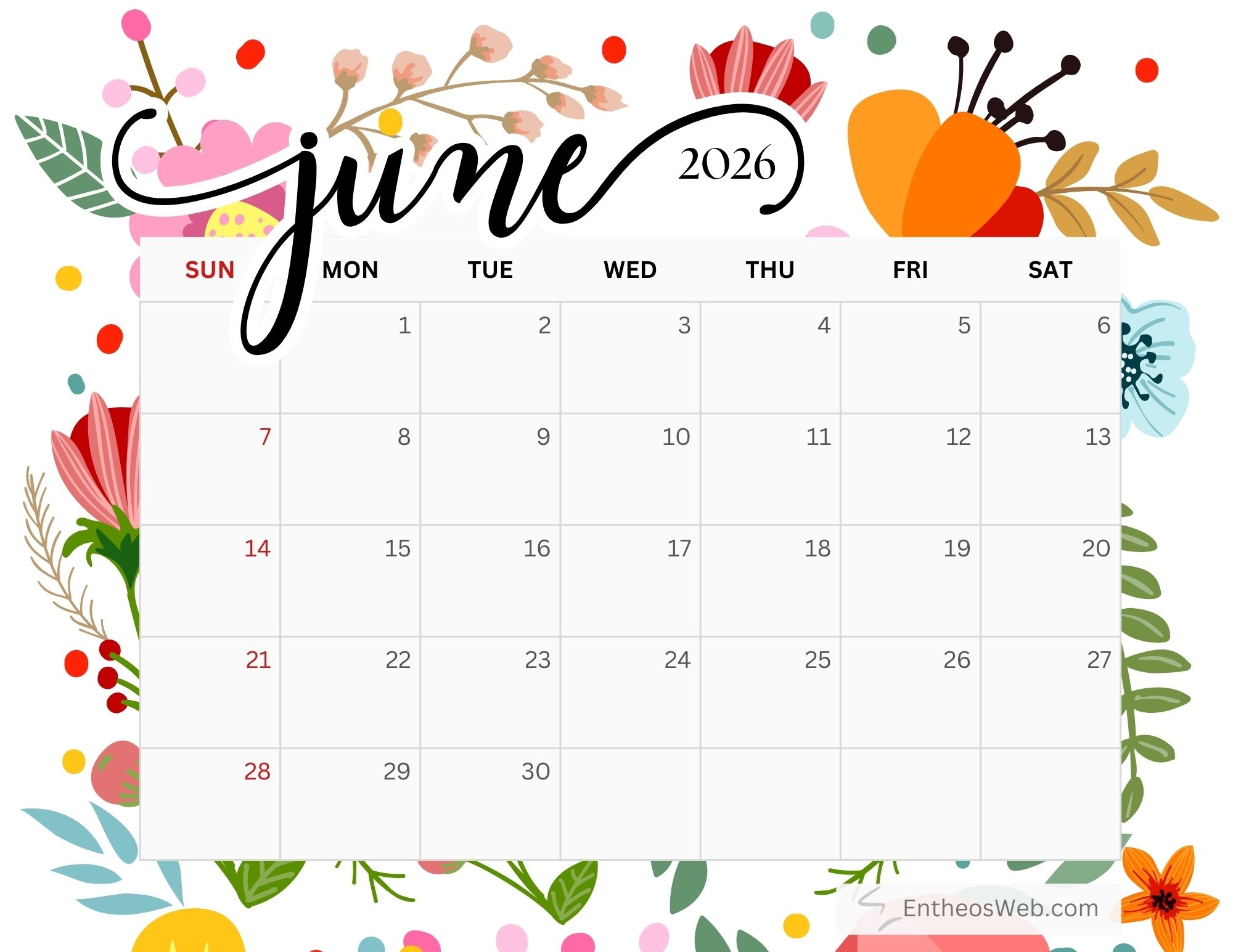 Free Printable June 2026 Calendar EntheosWeb