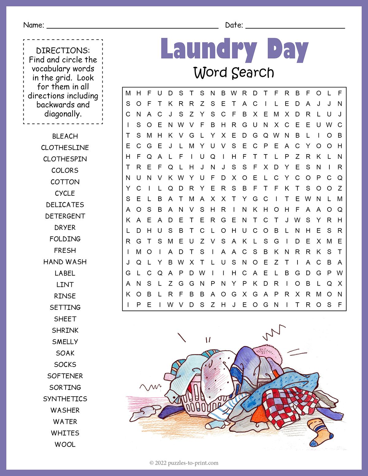 Free Printable Laundry Day Word Search