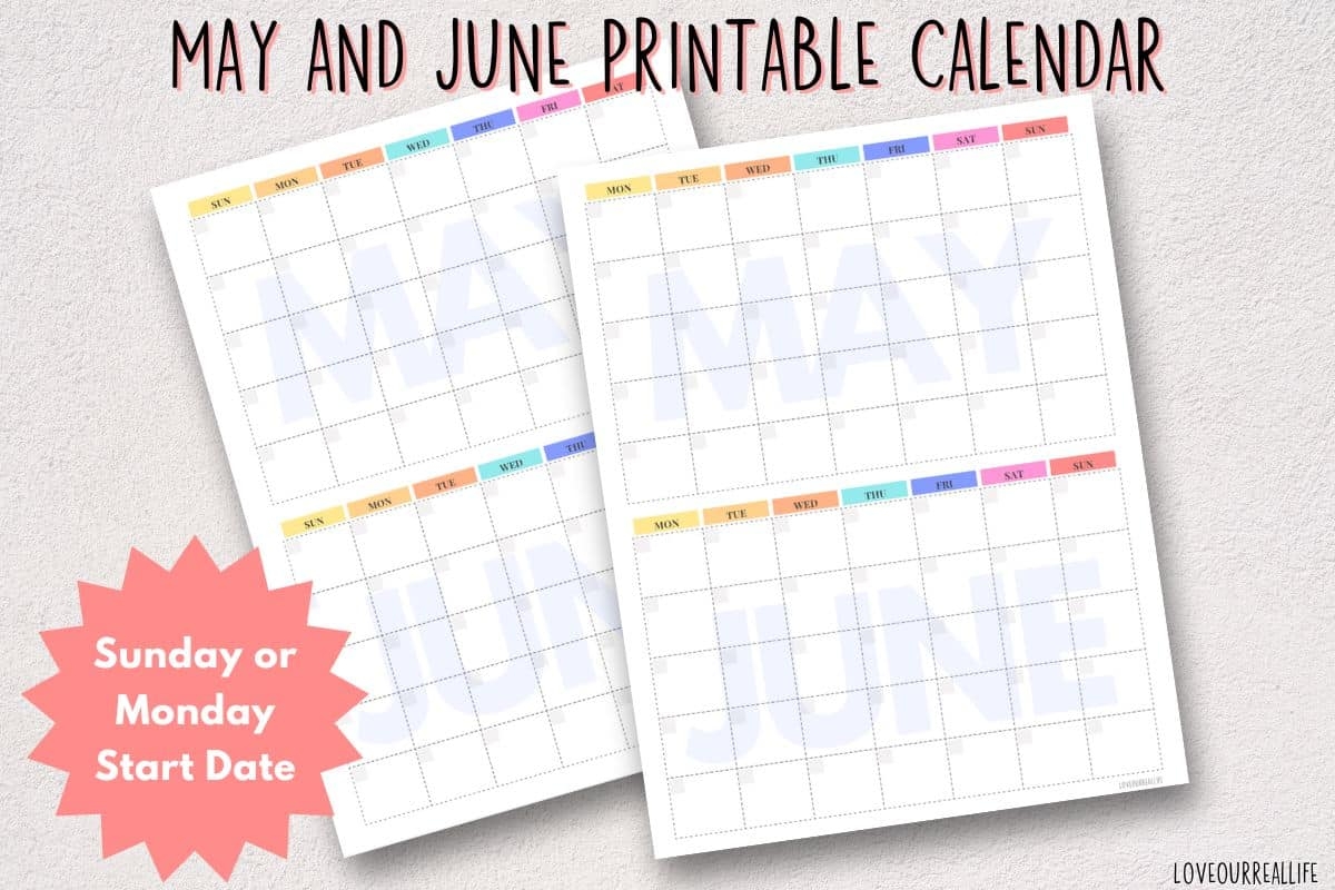 May June Calendar Printable