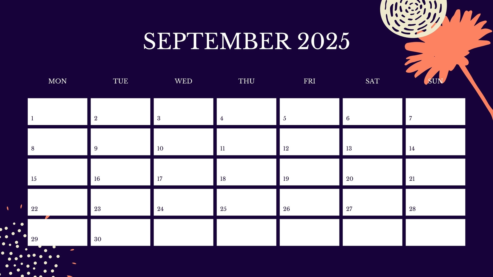 September Monthly Calendar Printable