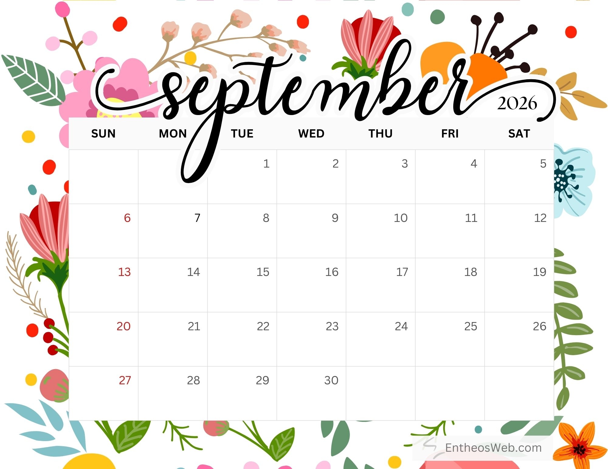 2026 September Calendar Printable Free