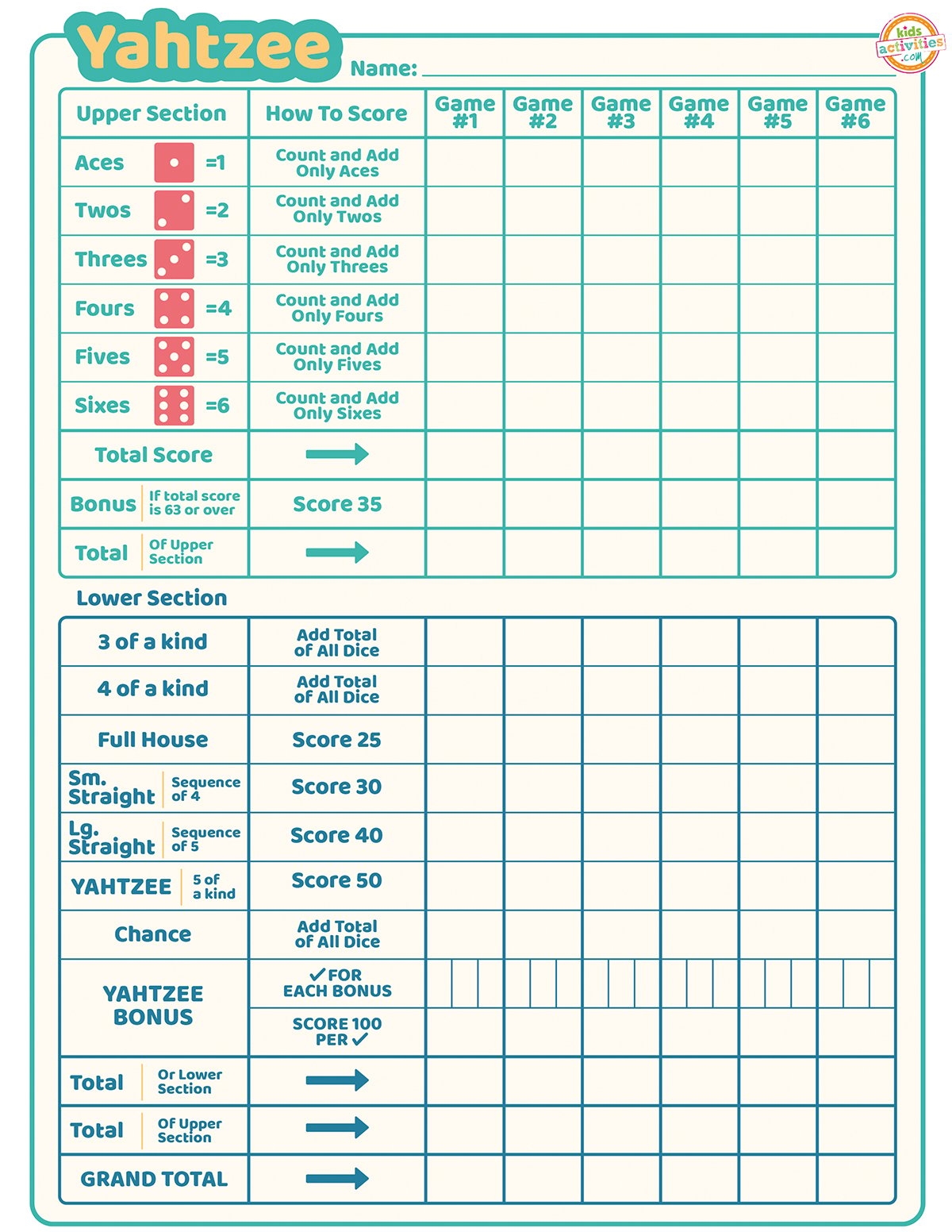 Yahtzee Game Sheets Printable Yahtzee Game Sheets Printable
