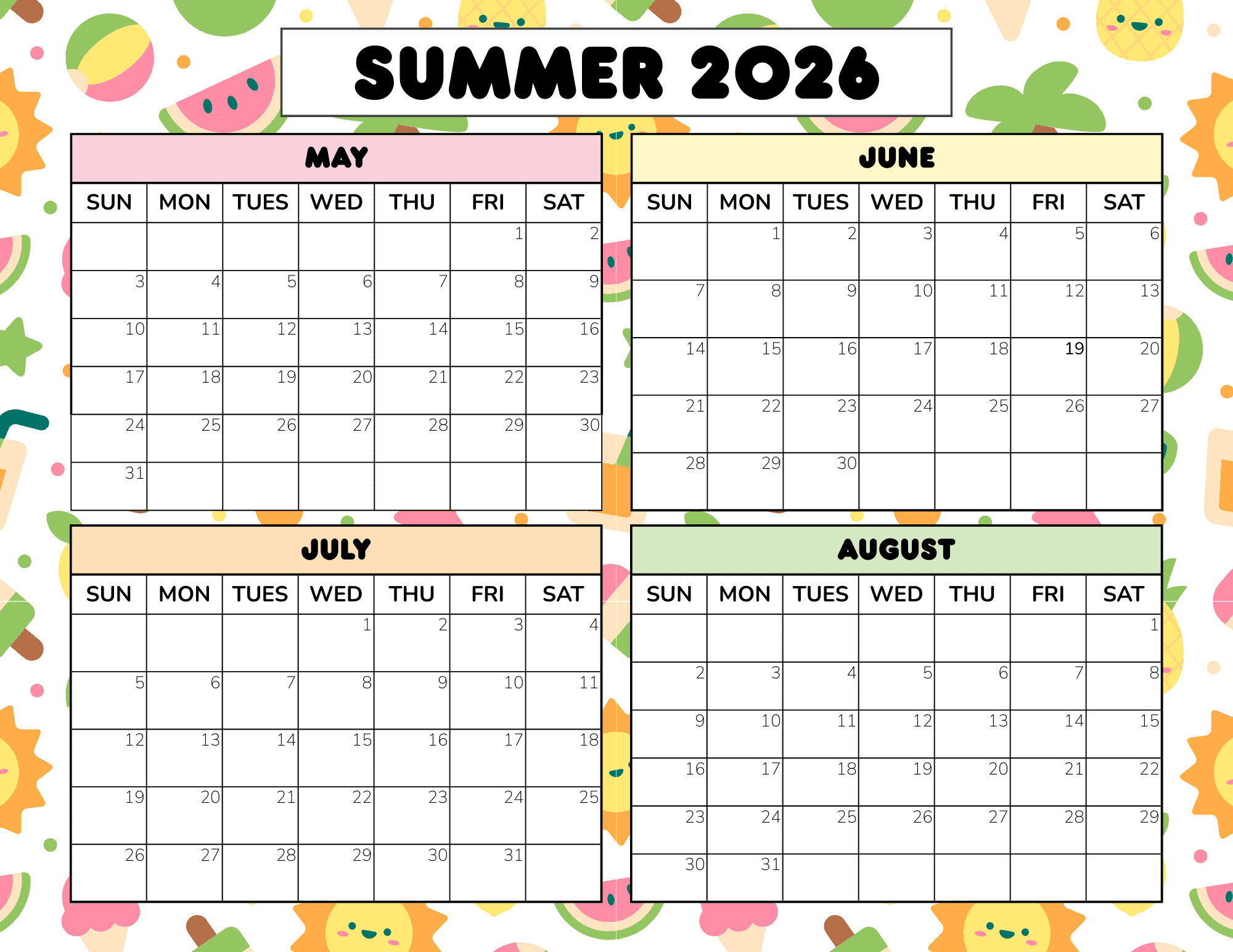 Free Summer Calendar Printable 2025 2026 PDF Free Summer Calendar Printable 2025 2026 PDF