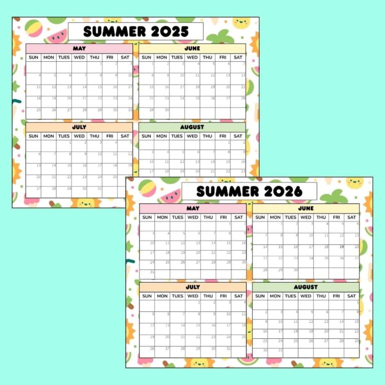 Free Summer Calendar Printable 2025 2026 PDF