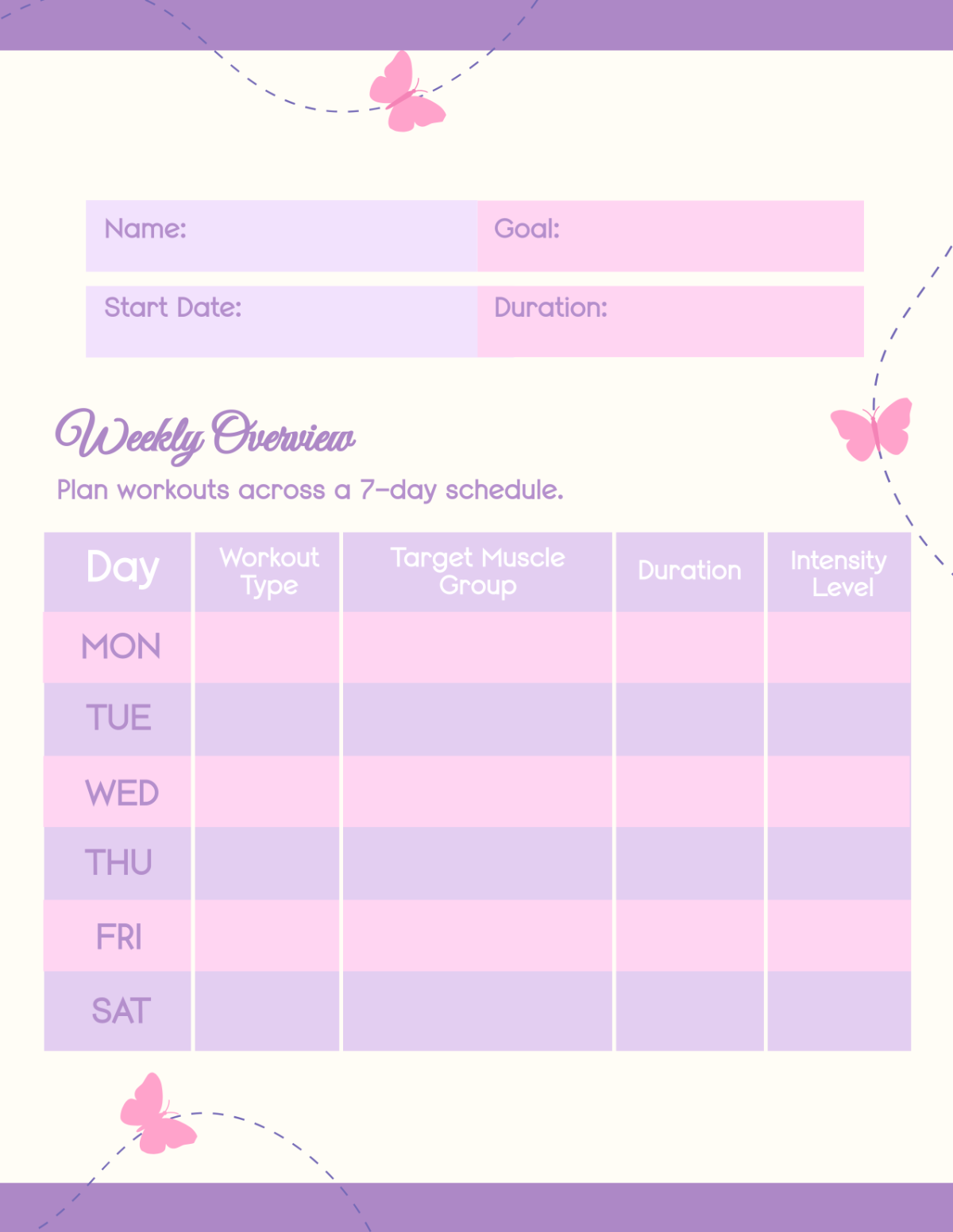 Free Workout Plan Templates Editable And Printable