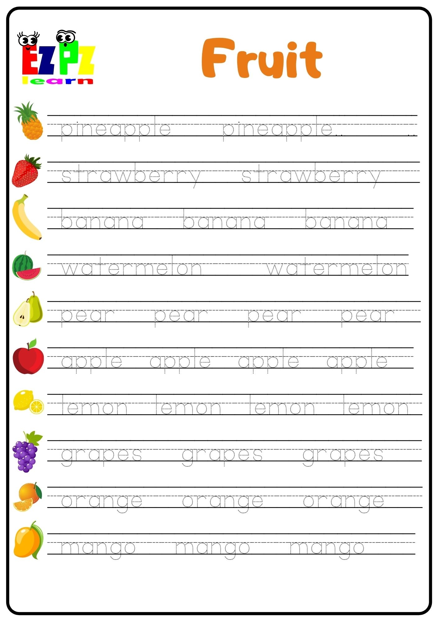 Fruit Word Tracing Worksheet Ezpzlearn Fruit Word Tracing Worksheet Ezpzlearn