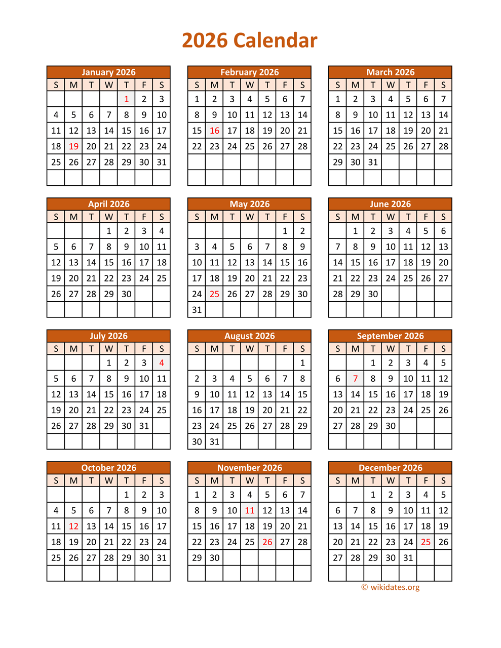 Printable 1 Page Calendar 2026