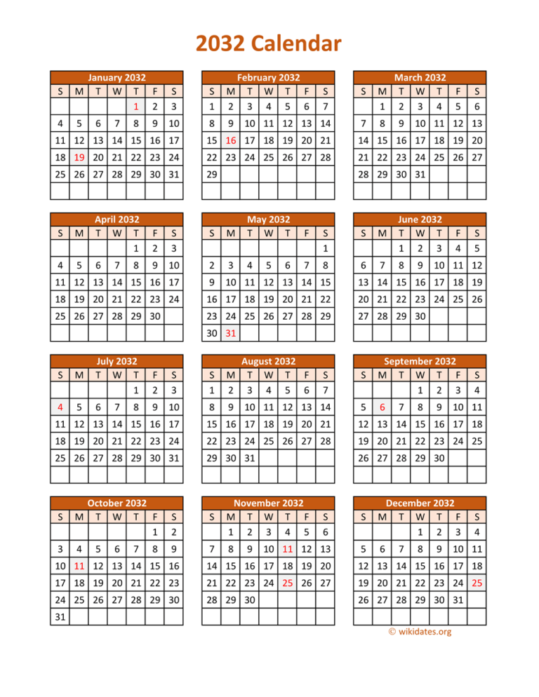 Full Year 2032 Calendar On One Page WikiDates